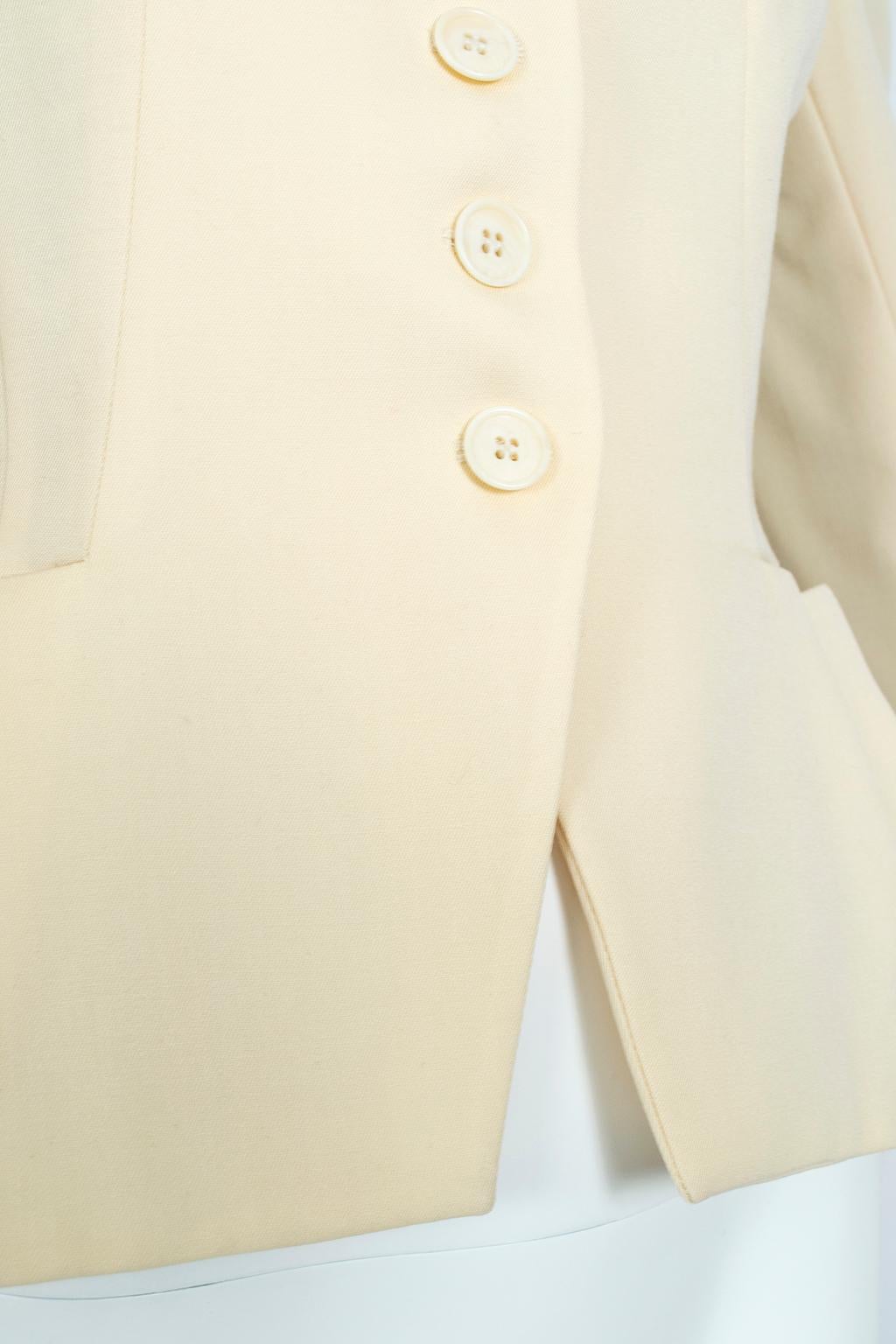 Norma Kamali Ivory Wool Dioresque Sculpted Bar Jacket Peplum Blazer - XS, 1980s 1