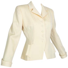 Norma Kamali Ivory Wool Dioresque Sculpted Bar Jacket Peplum Blazer - XS, 1980s