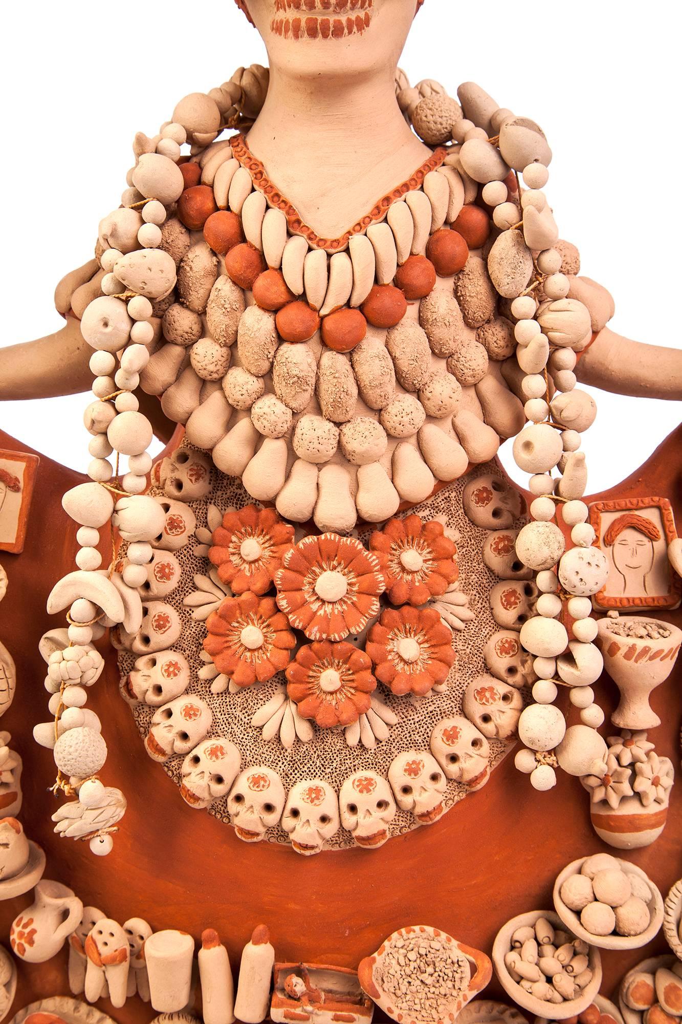 Catrina con Ofrenda de Muertos / Ceramics Mexican Folk Art Clay - Orange Figurative Sculpture by Norma Vazquez Gutierrez