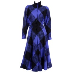 Norma Walters 1980s Vintage Blue & Black Plaid Wool Dress