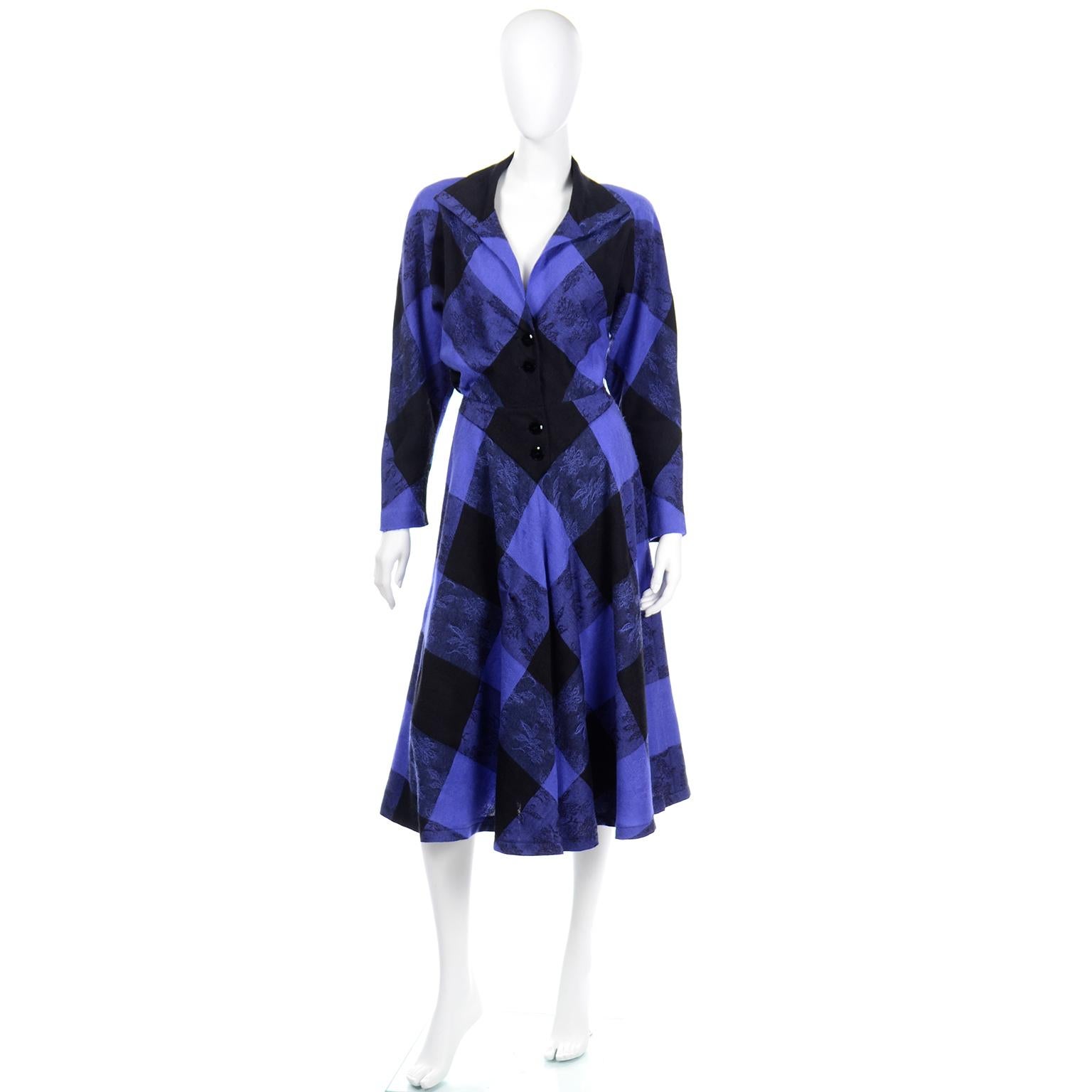 Purple Norma Walters 1980s Vintage Blue & Black Plaid Wool Dress