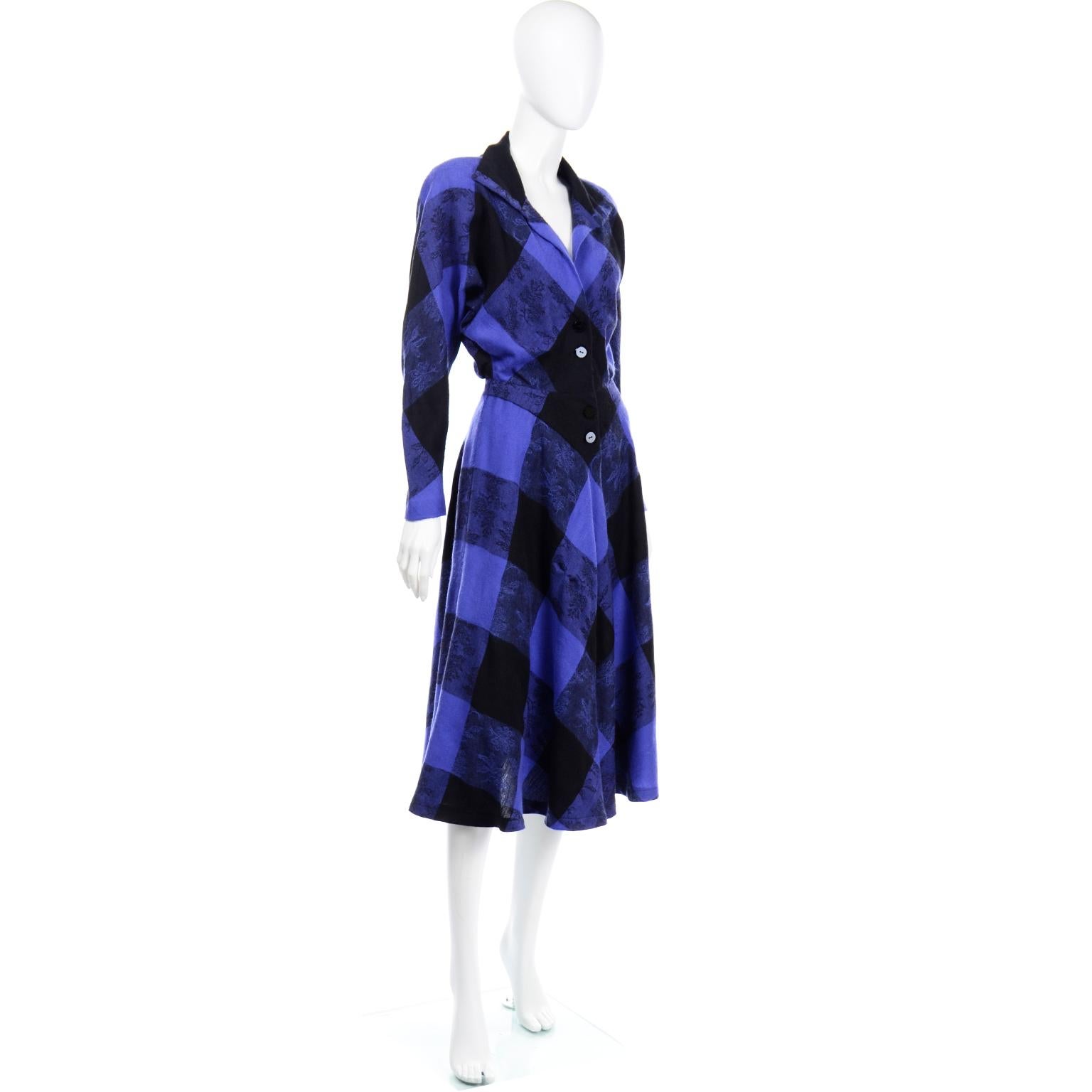 Norma Walters 1980s Vintage Blue & Black Plaid Wool Dress In Excellent Condition In Portland, OR