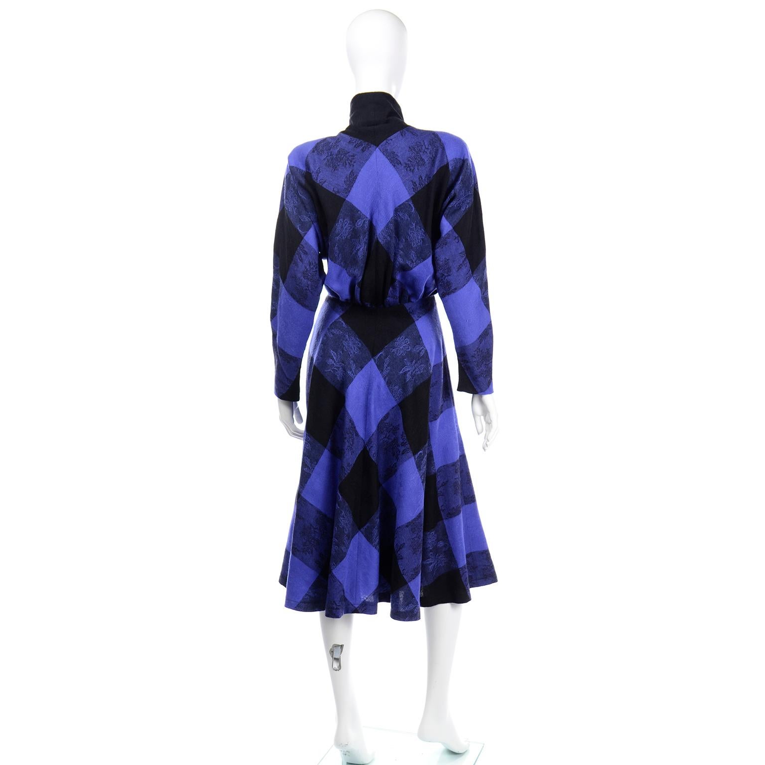 Women's Norma Walters 1980s Vintage Blue & Black Plaid Wool Dress