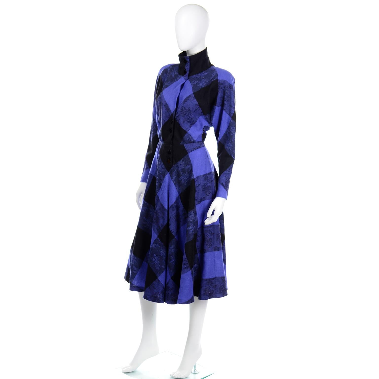 Norma Walters 1980s Vintage Blue & Black Plaid Wool Dress 1