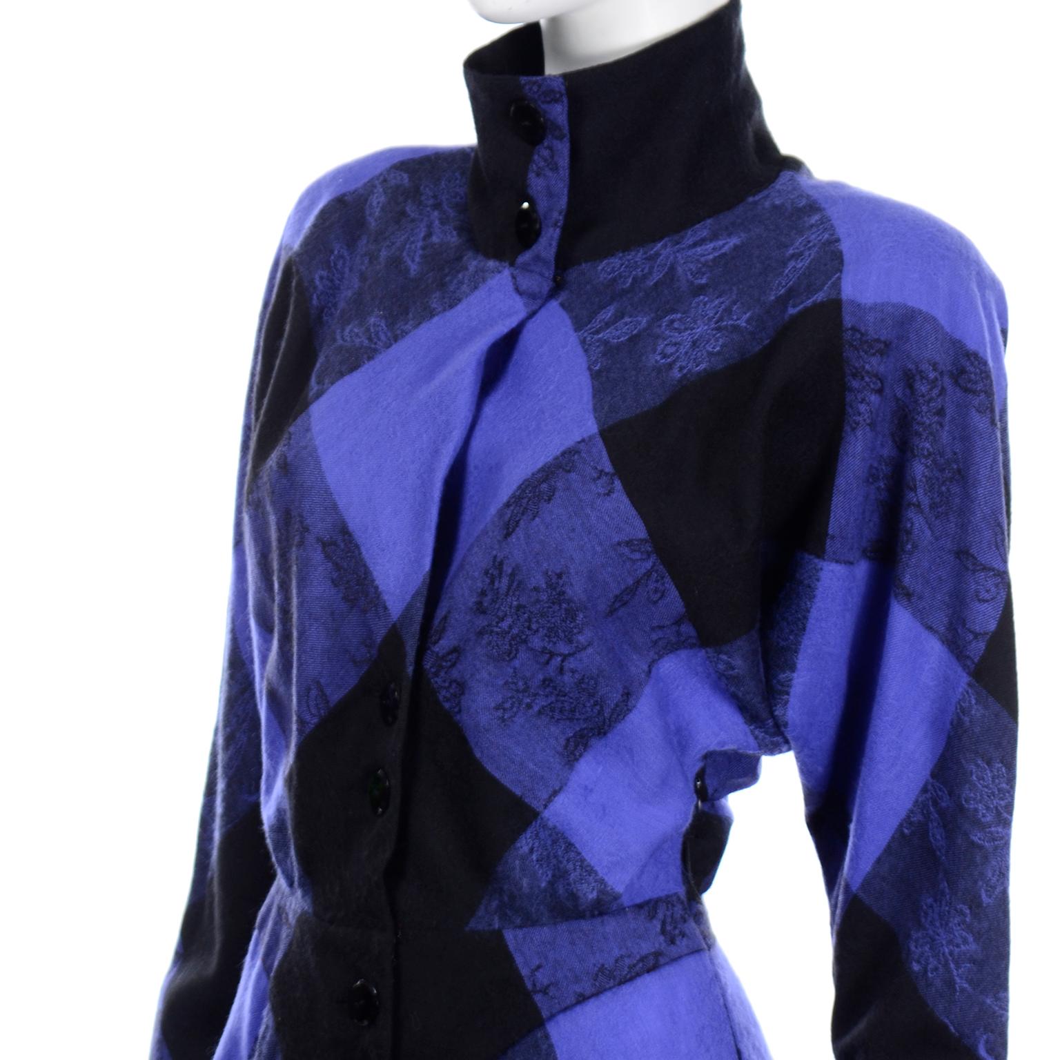 Norma Walters 1980s Vintage Blue & Black Plaid Wool Dress 2