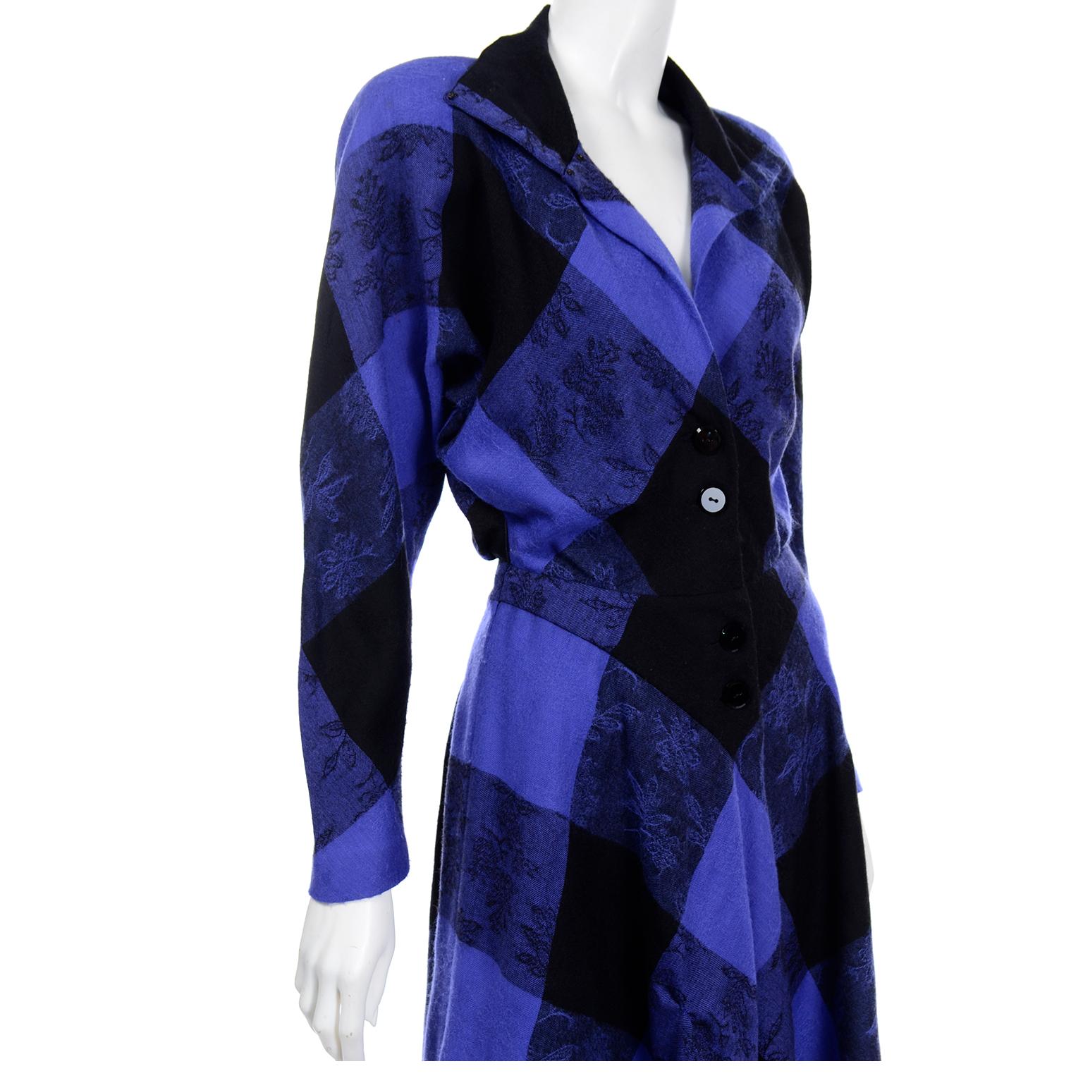 Norma Walters 1980s Vintage Blue & Black Plaid Wool Dress 3