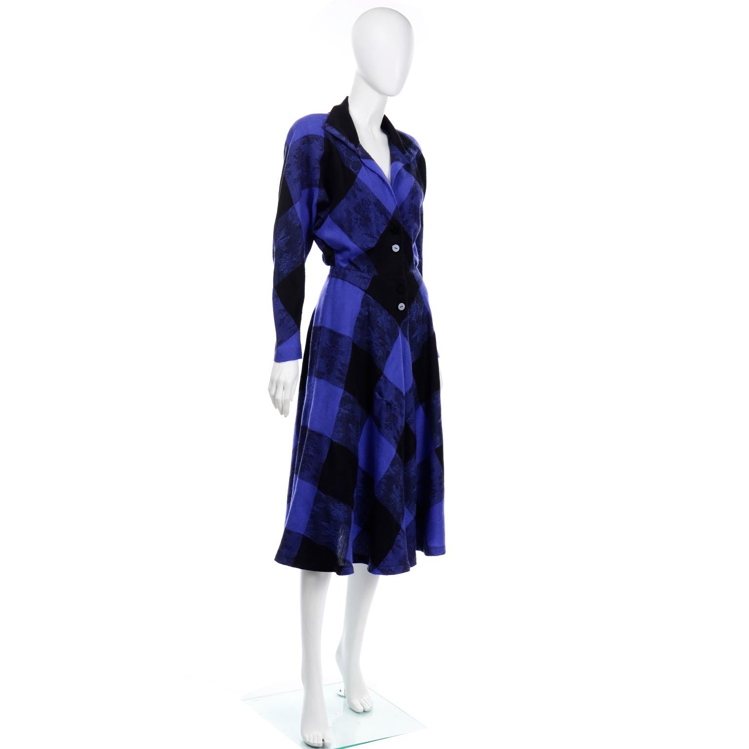 Norma Walters 1980s Vintage Blue & Black Plaid Wool Dress 4