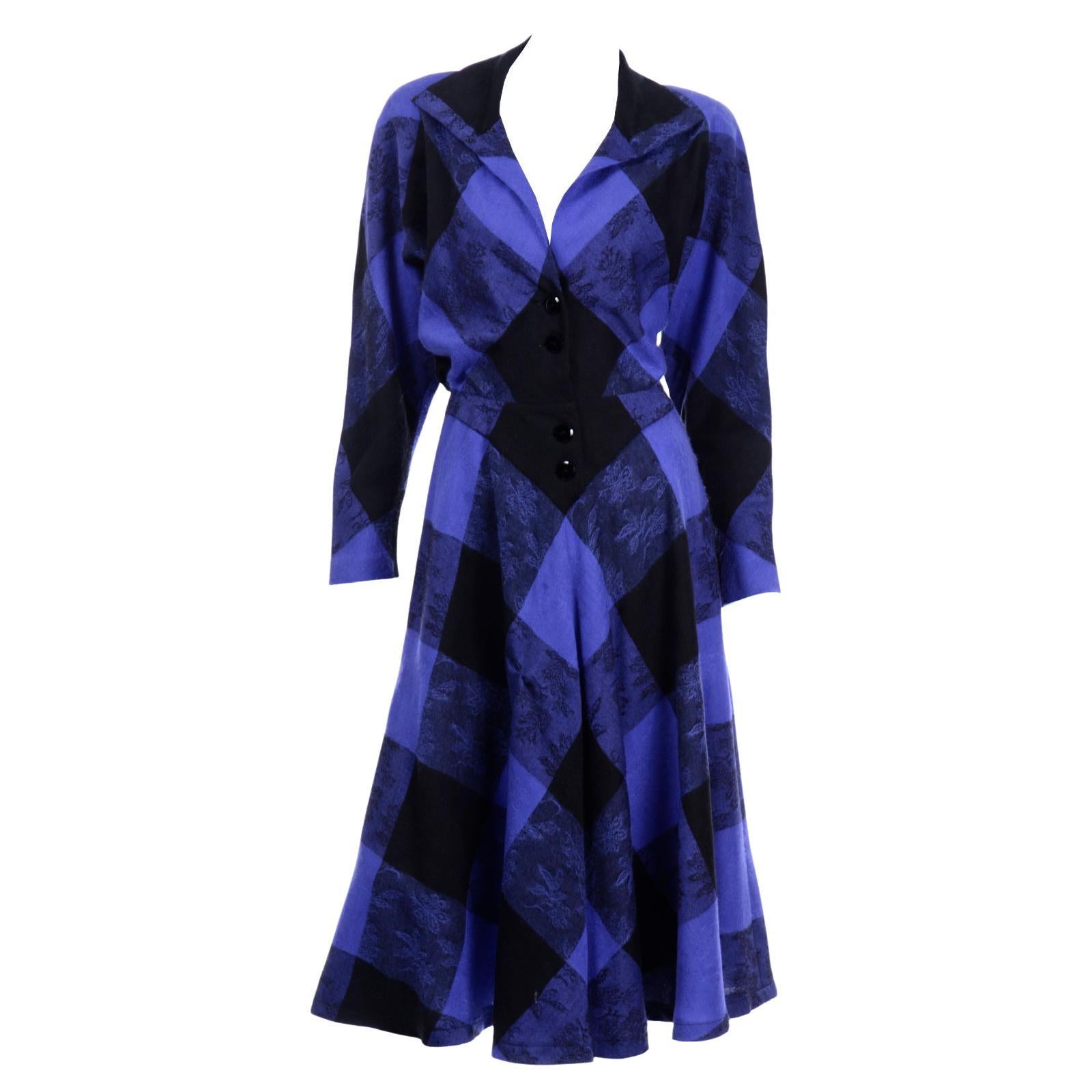 Norma Walters 1980s Vintage Blue & Black Plaid Wool Dress
