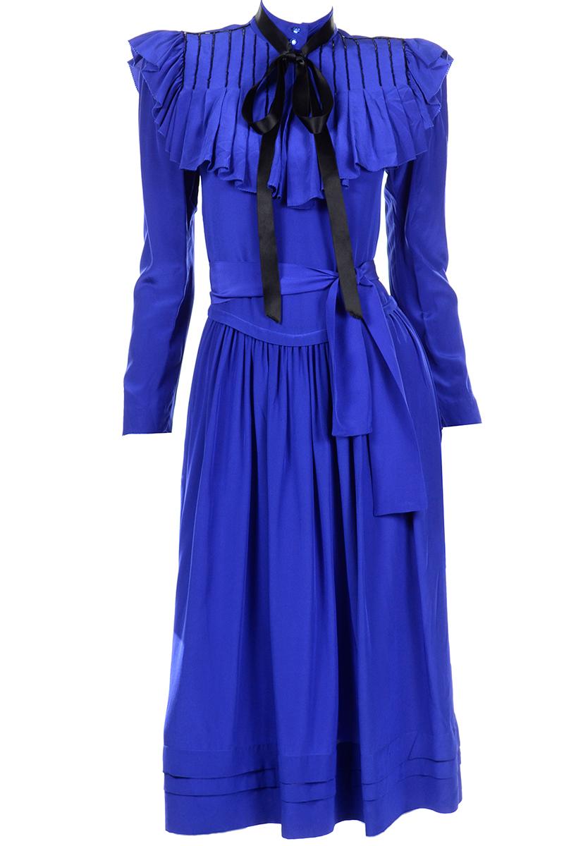 Norma Walters Blue Silk Dress With Detachable Collar & Bow 6