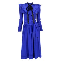 Vintage Norma Walters Blue Silk Dress With Detachable Collar & Bow