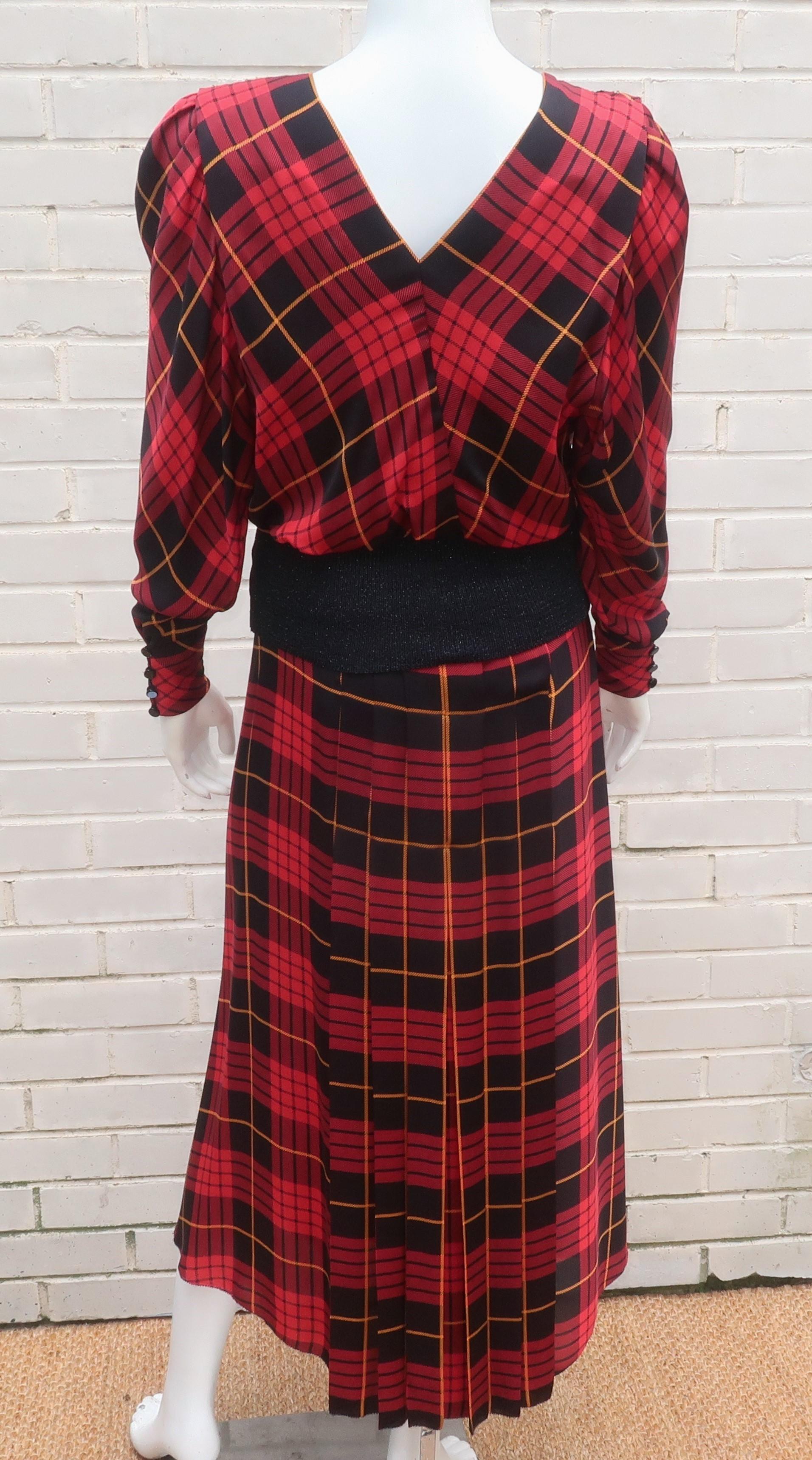 Norma Walters Tartan Plaid Silk & Sequin Two Piece Dress, 1980's For Sale 3
