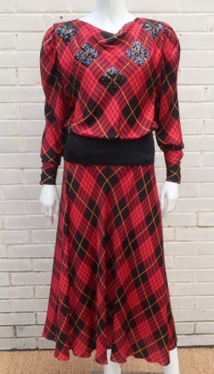 Norma Walters Tartan Plaid Silk & Sequin Two Piece Dress, 1980's