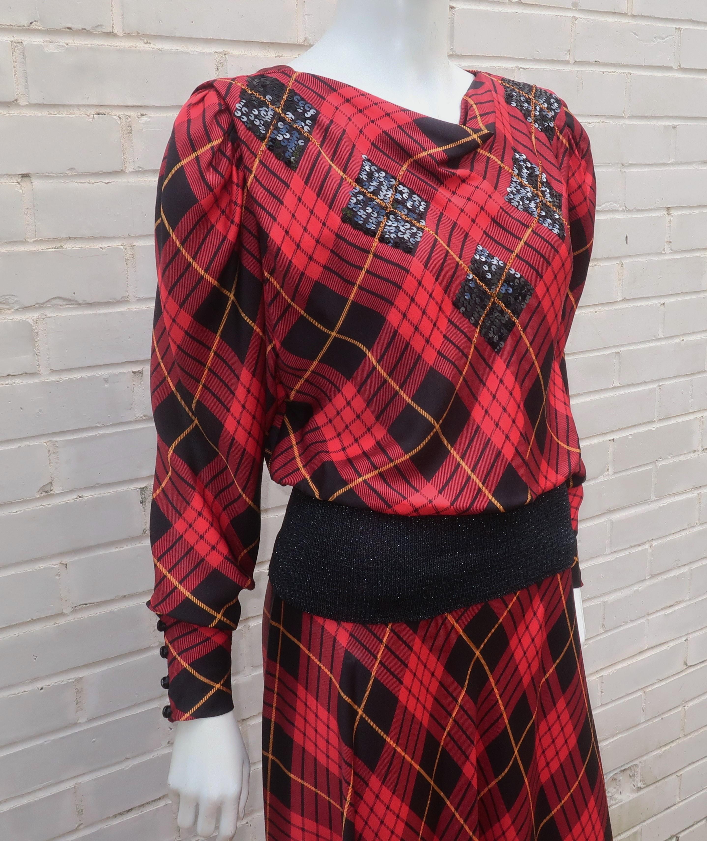 Brown Norma Walters Tartan Plaid Silk & Sequin Two Piece Dress, 1980's For Sale