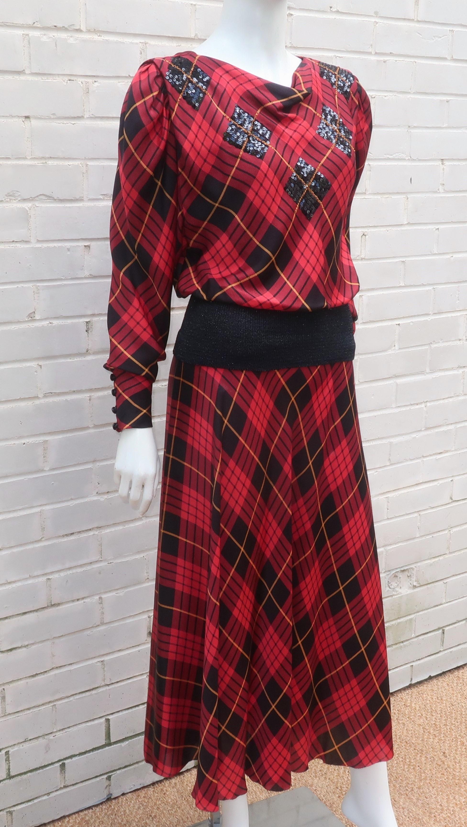 Norma Walters Tartan Plaid Silk & Sequin Two Piece Dress, 1980's In Good Condition For Sale In Atlanta, GA