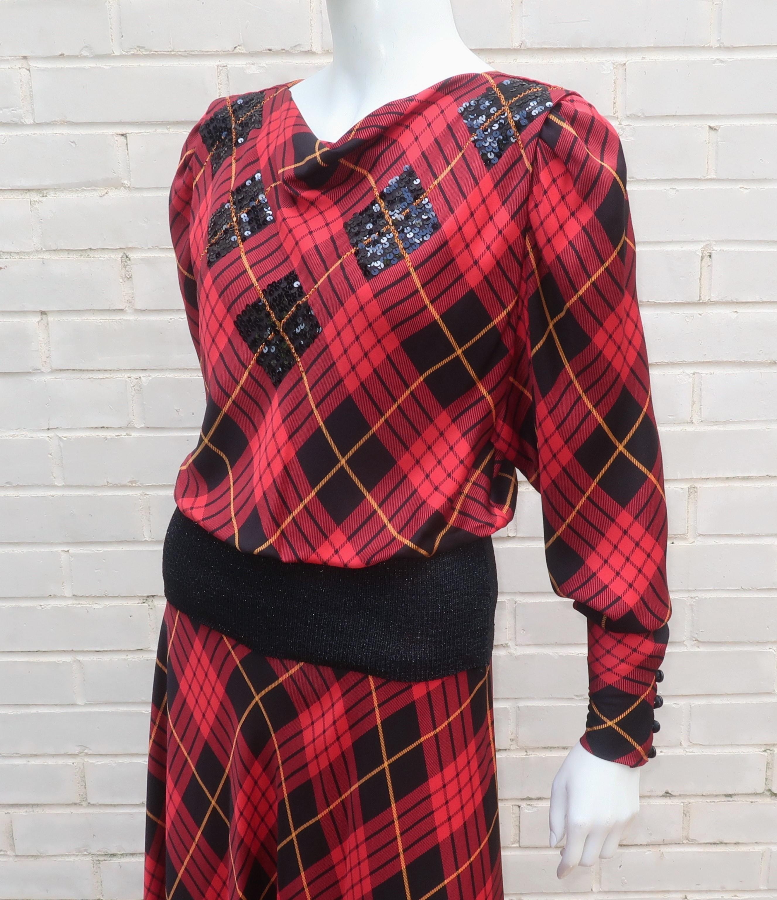 Norma Walters Tartan Plaid Silk & Sequin Two Piece Dress, 1980's For Sale 1