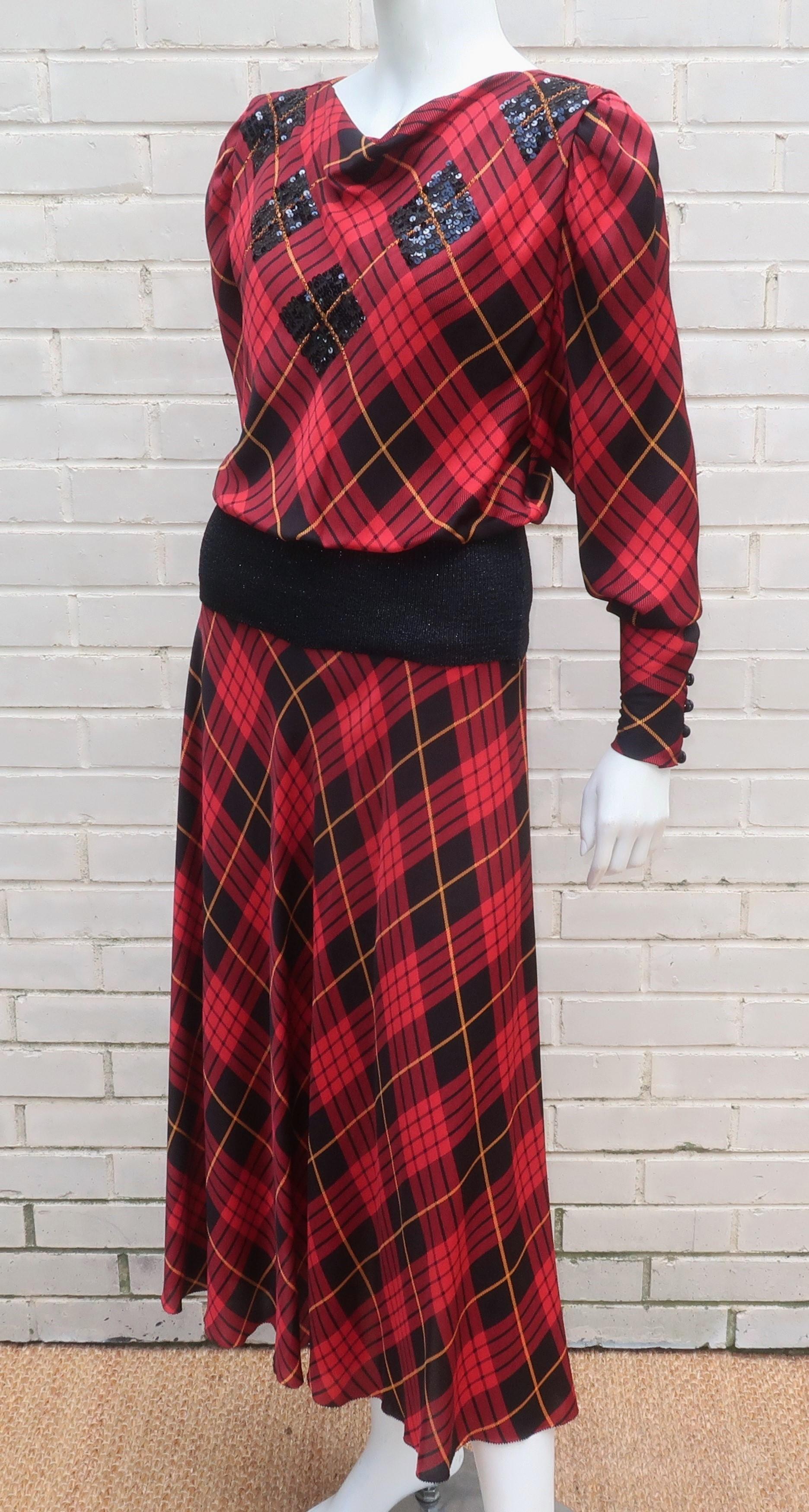 Norma Walters Tartan Plaid Silk & Sequin Two Piece Dress, 1980's For Sale 2
