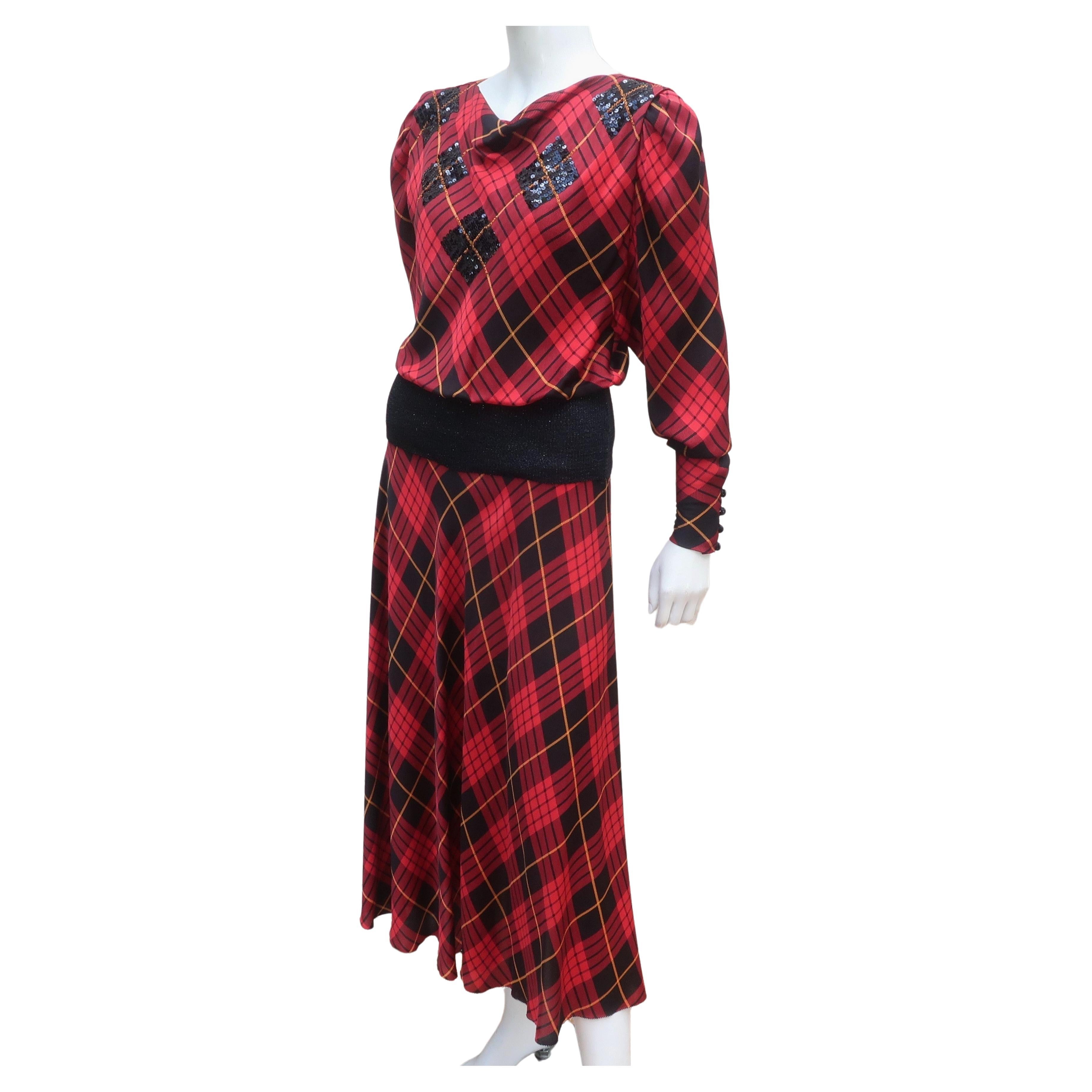 Norma Walters Tartan Plaid Silk & Sequin Two Piece Dress, 1980's For Sale