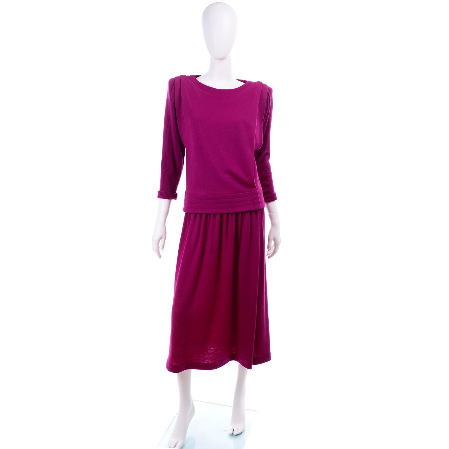 This is a such a great 1980's wool knit two-piece deep fuchsia or magenta pink dress by Norma Walters. We discovered Norma Walters years ago when we bought a high end estate of mainly 1980's clothing. We fell in love with her designs and the quality