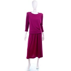 Norma Walters Vintage 1980s Deep Magenta Fuchsia Pink Knit 2 Piece Dress