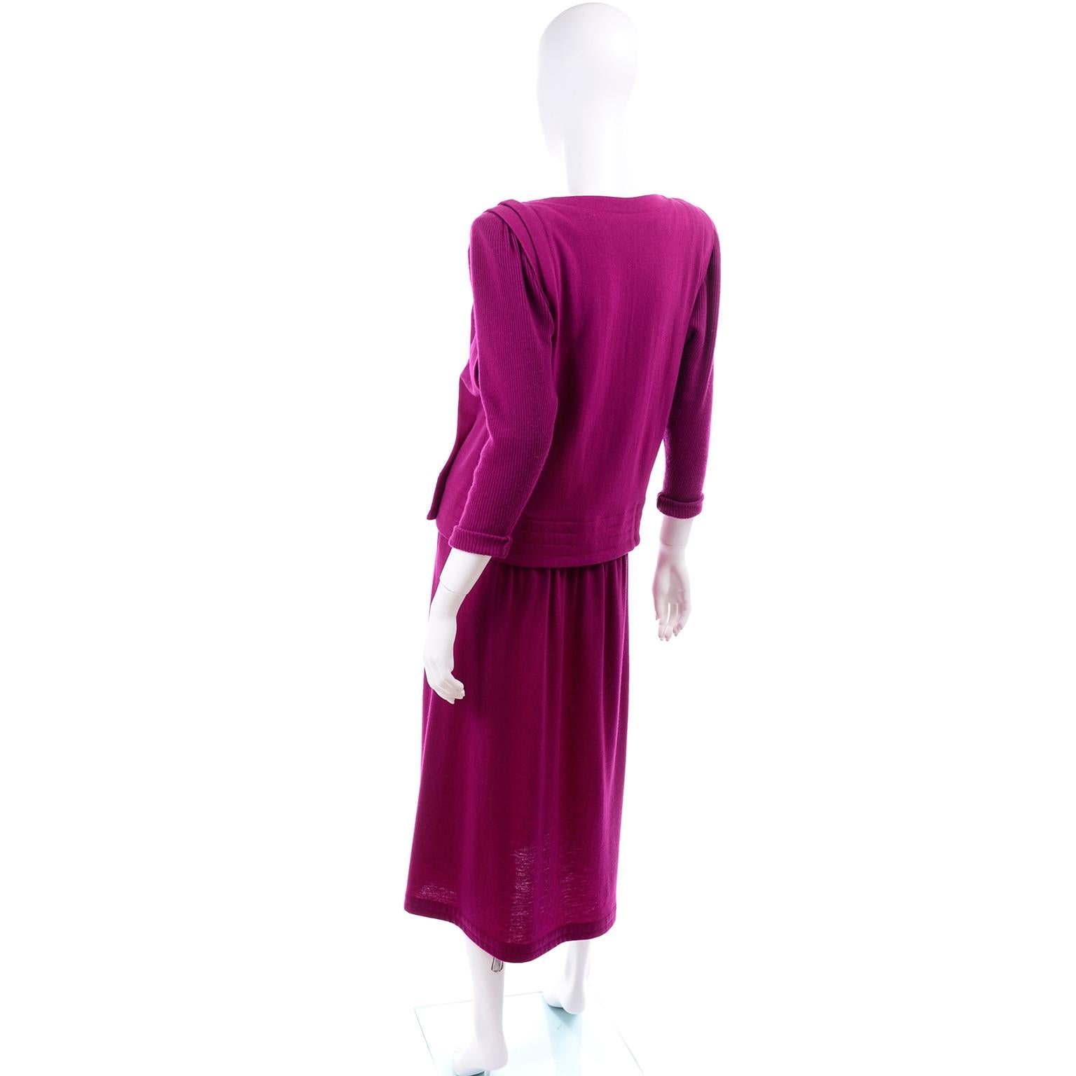 Norma Walters Vintage 1980s Deep Magenta Fuchsia Pink Knit 2 Piece Dress For Sale 1