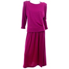 Norma Walters Vintage 1980s Deep Magenta Fuchsia Pink Knit 2 Piece Dress