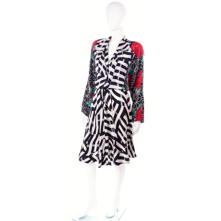 Norma Walters Vintage Silk Dress Red Roses & Black & White Stripe Illusion In Excellent Condition For Sale In Portland, OR