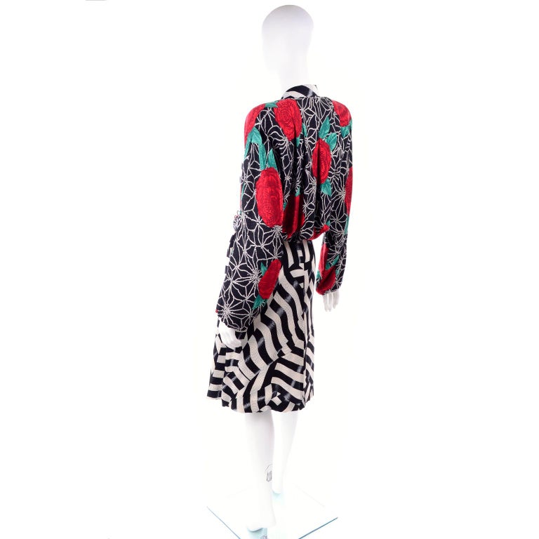 Women's or Men's Norma Walters Vintage Silk Dress Red Roses & Black & White Stripe Illusion For Sale