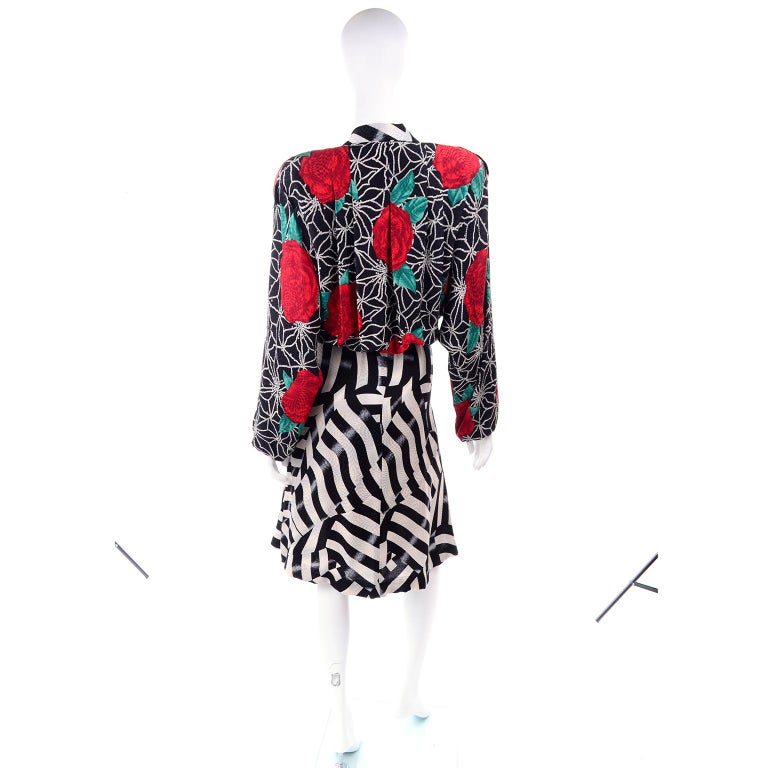 Norma Walters Vintage Silk Dress Red Roses & Black & White Stripe Illusion For Sale 1