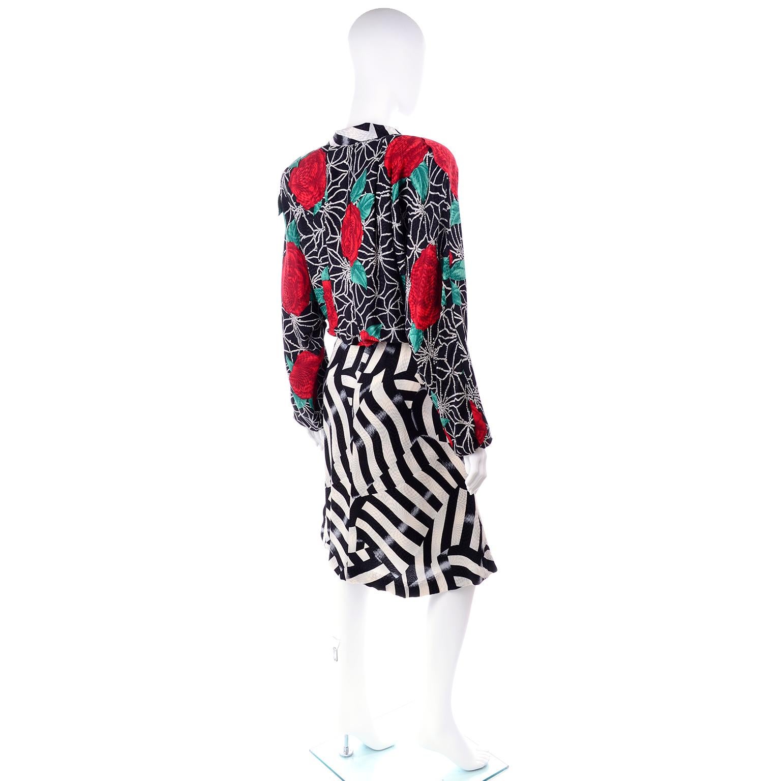 Norma Walters Vintage Silk Dress Red Roses & Black & White Stripe Illusion In Excellent Condition In Portland, OR