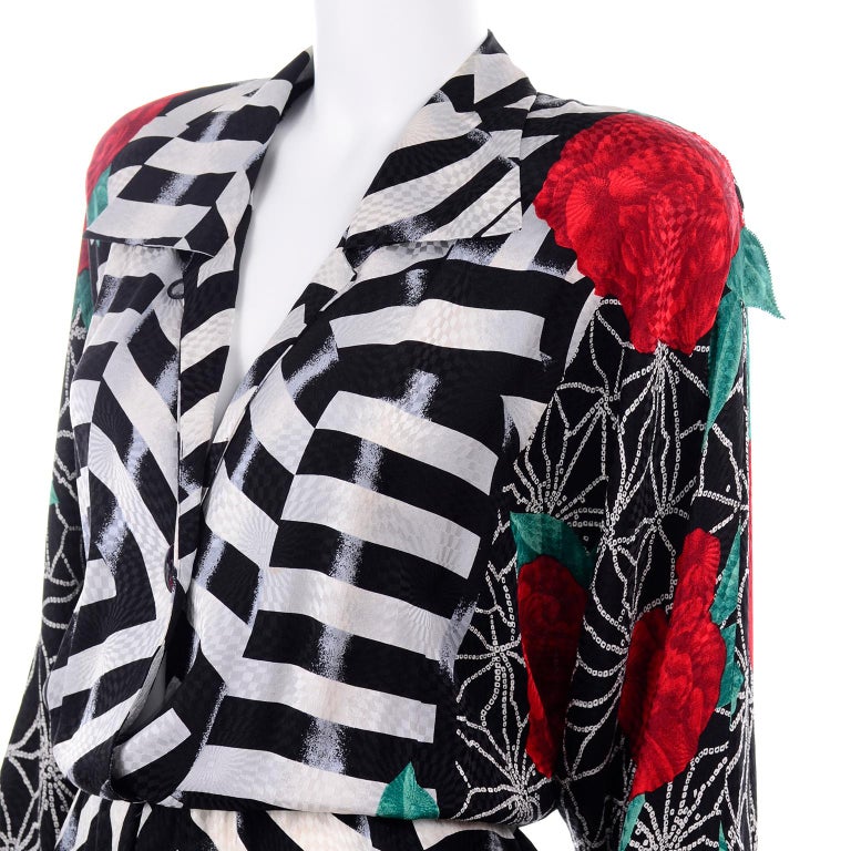 Norma Walters Vintage Silk Dress Red Roses & Black & White Stripe Illusion For Sale 4