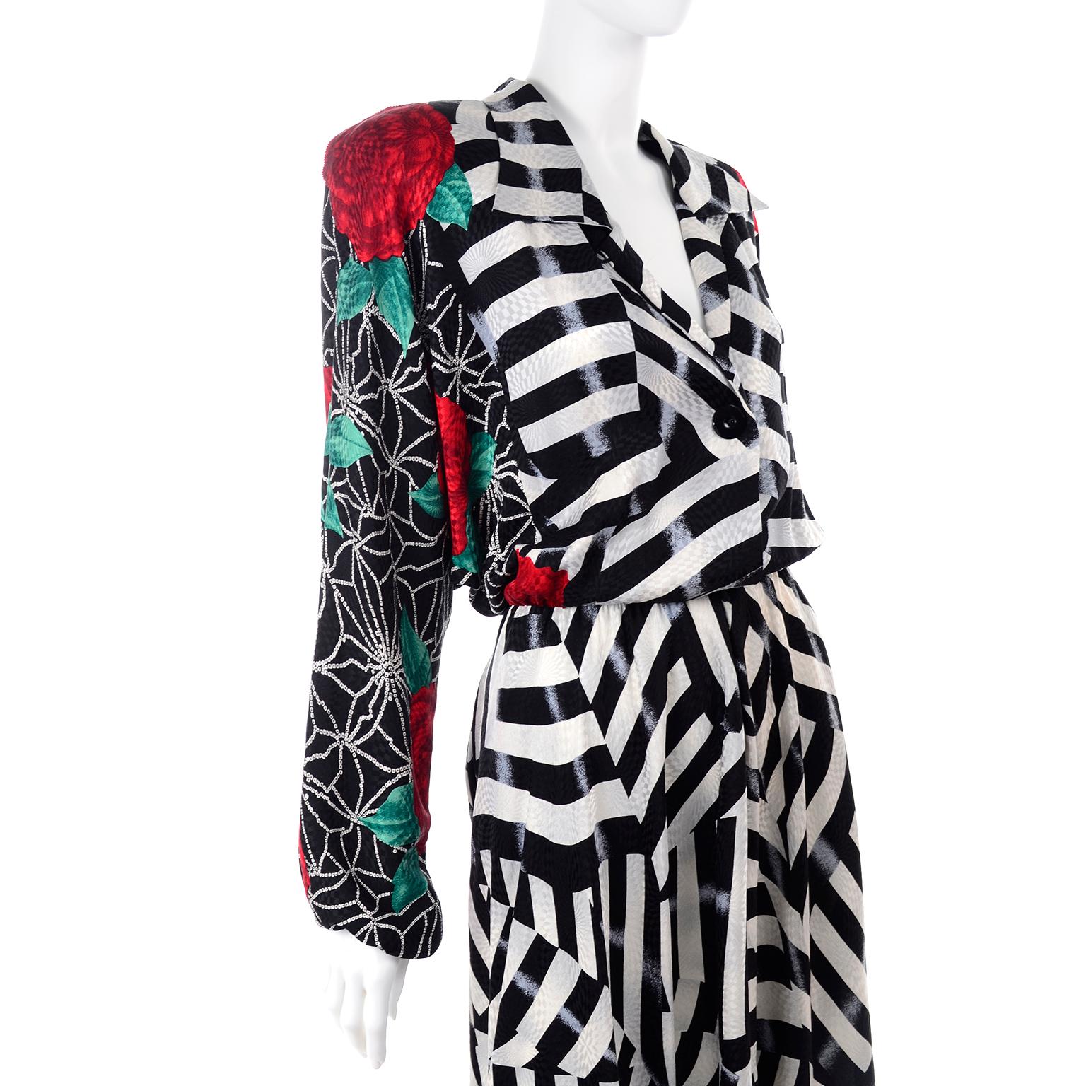 Norma Walters Vintage Silk Dress Red Roses & Black & White Stripe Illusion 2