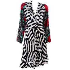 Norma Walters Vintage Silk Dress Red Roses & Black & White Stripe Illusion