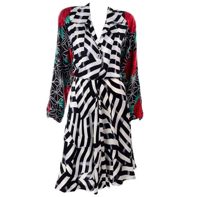 Norma Walters Vintage Silk Dress Red Roses & Black & White Stripe Illusion For Sale