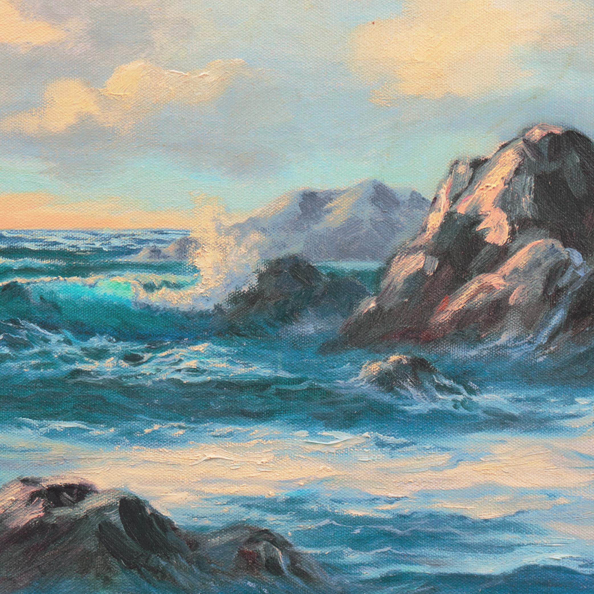 Signed lower left, 'Norma Webb' (American, 20th century) and painted circa 2000. Additionally signed, verso, stamped with artist address and titled, 'Sea and Rocks'. 

A vibrant oil on on canvas showing a view of evening breakers crashing against