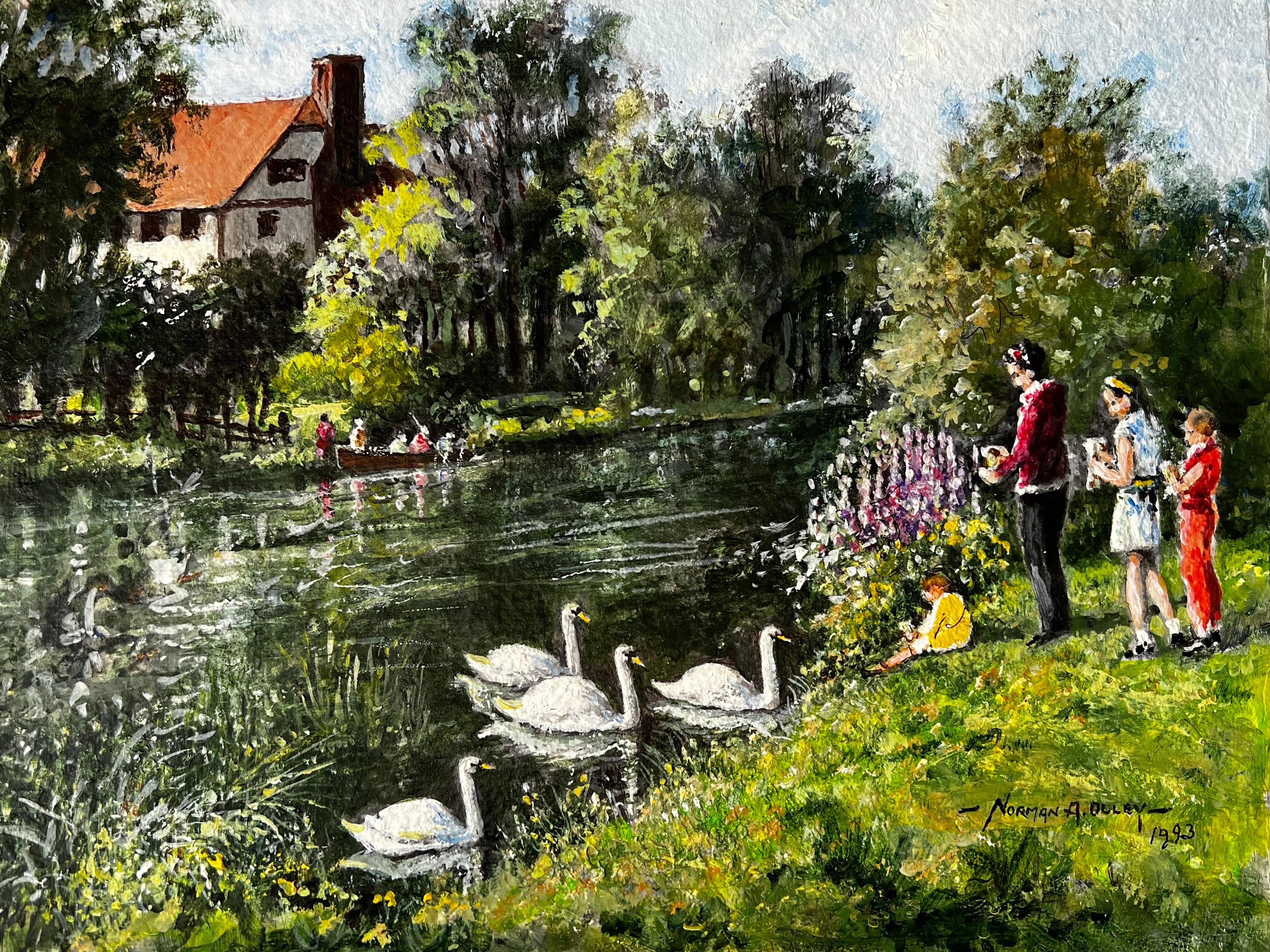 A Family Day Out Feeding The Swans By The River Mole - Painting by Norman A Olley