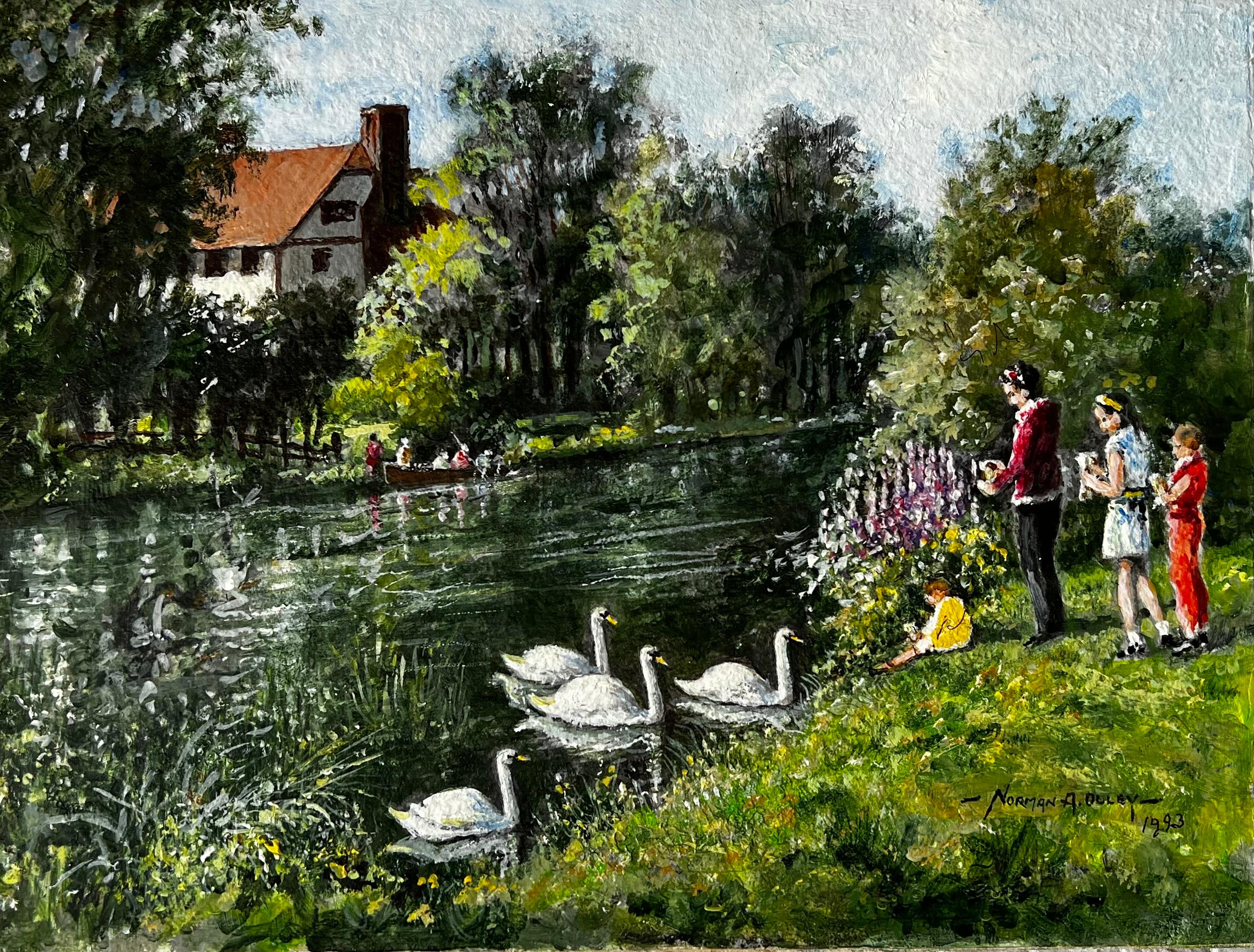 Landscape Painting di Norman A Olley - Una giornata in famiglia per dare da mangiare ai cigni lungo il fiume Mole