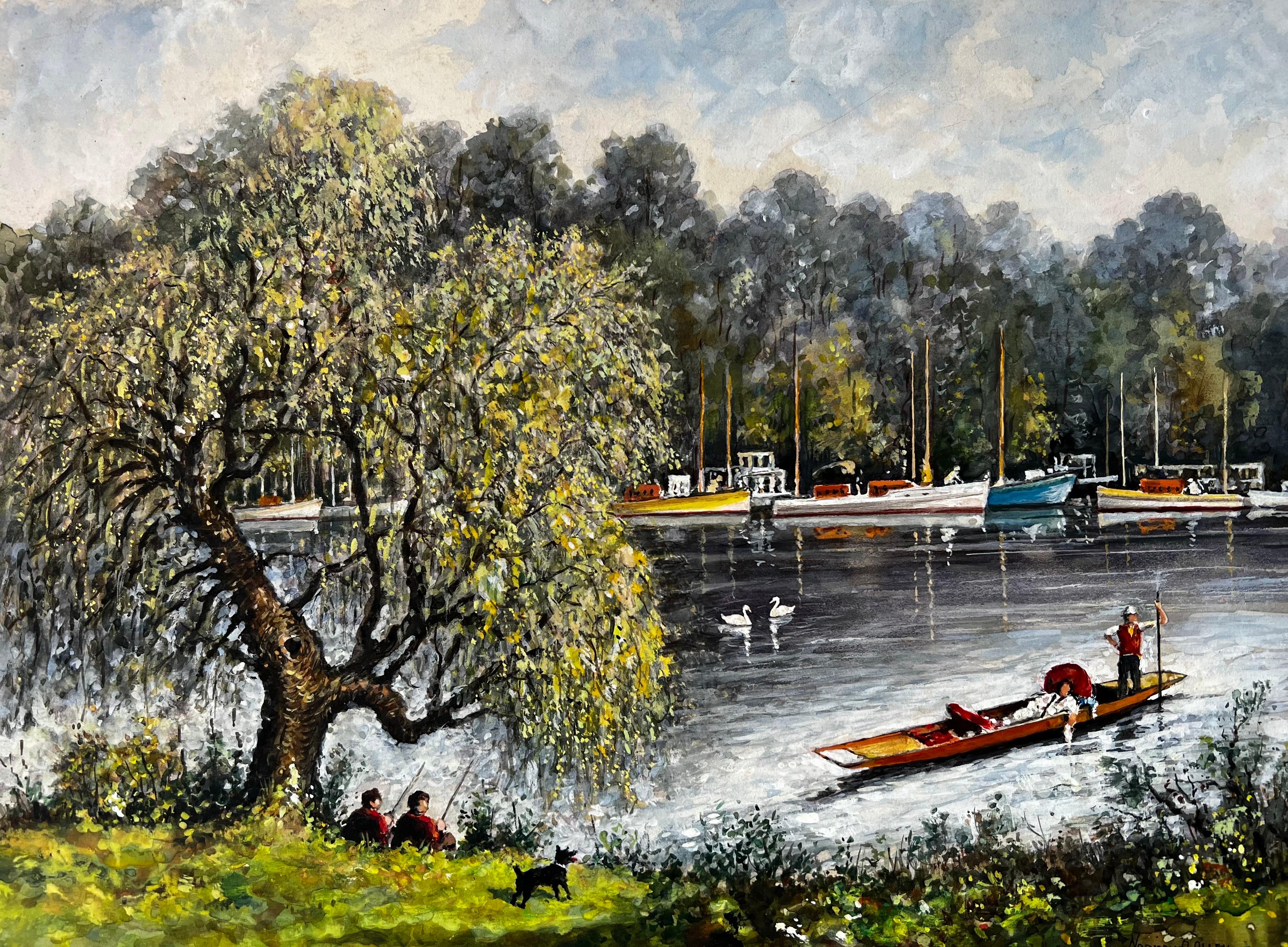 Norman A Olley Figurative Painting - A Relaxing Afternoon Fishing and Rowing On The Thames Off Tagg’s Island 