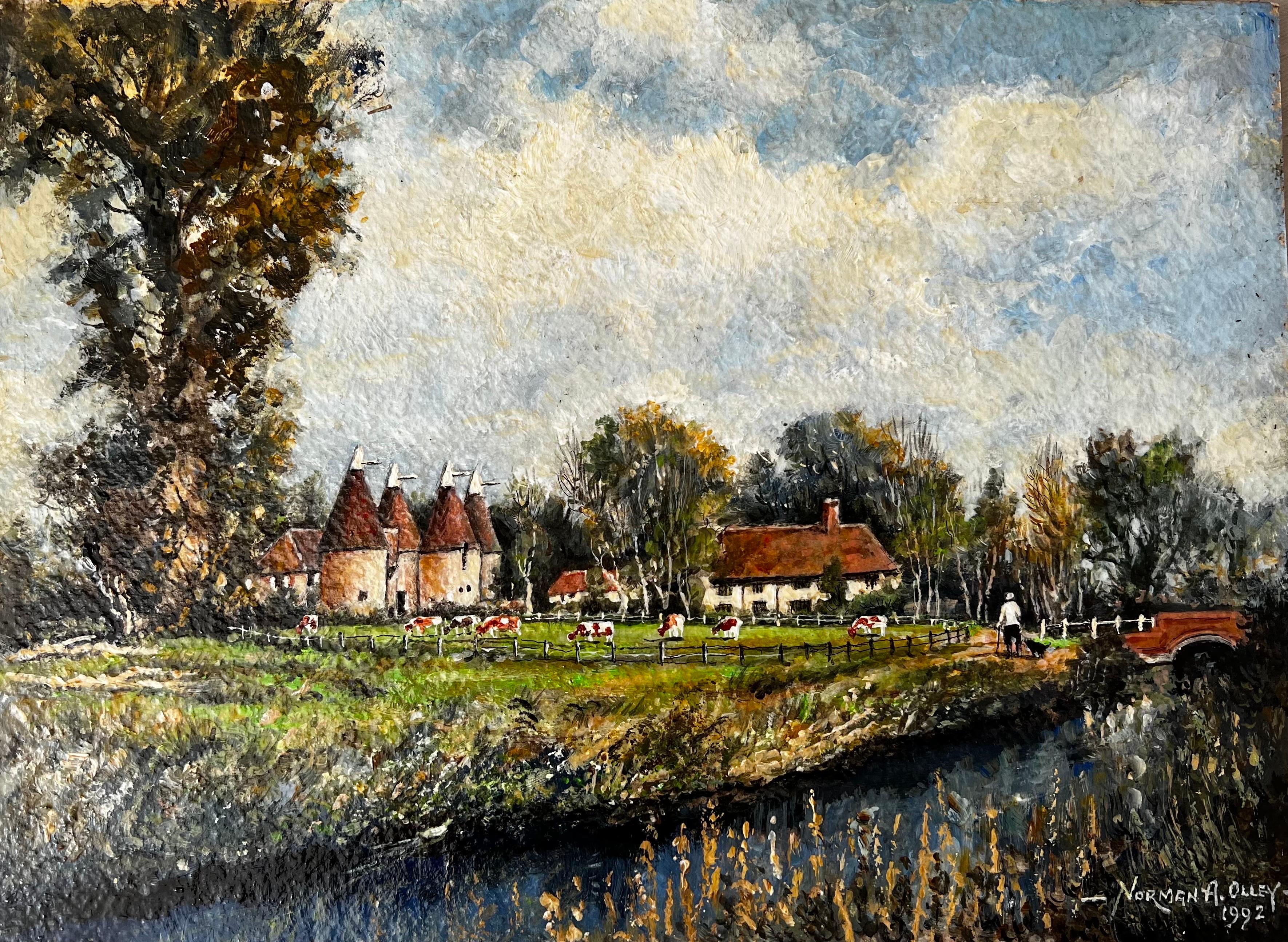 Norman A Olley Figurative Painting - A Warm September River Overlooking Cattle At Kentish Farm