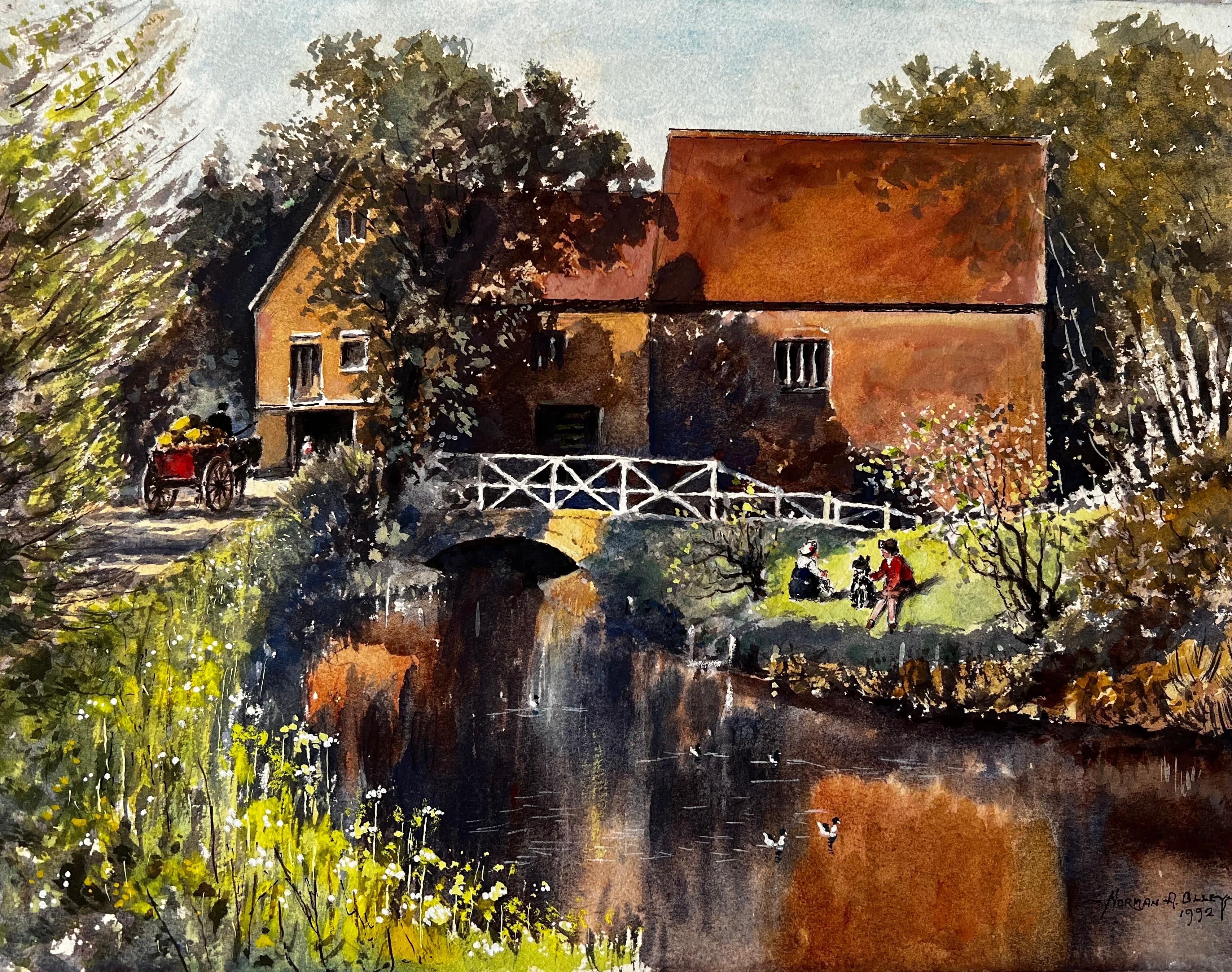 Autumnal River Bridge Landscape Refelection By The Mill Pond - Painting by Norman A Olley