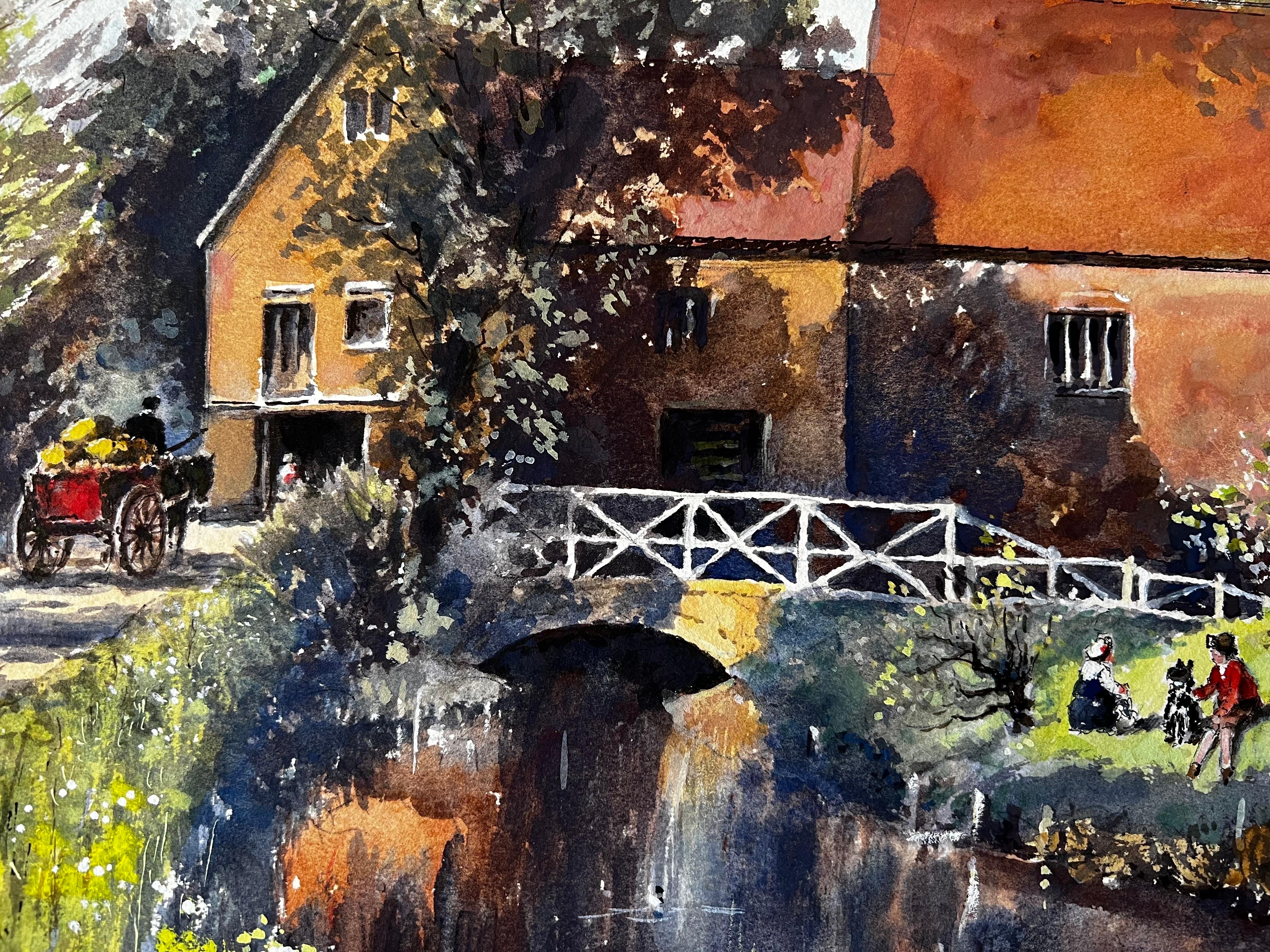 Riflessione sul paesaggio autunnale del ponte sul fiume presso lo stagno del mulino - Landscape Painting Marrone di Norman A Olley