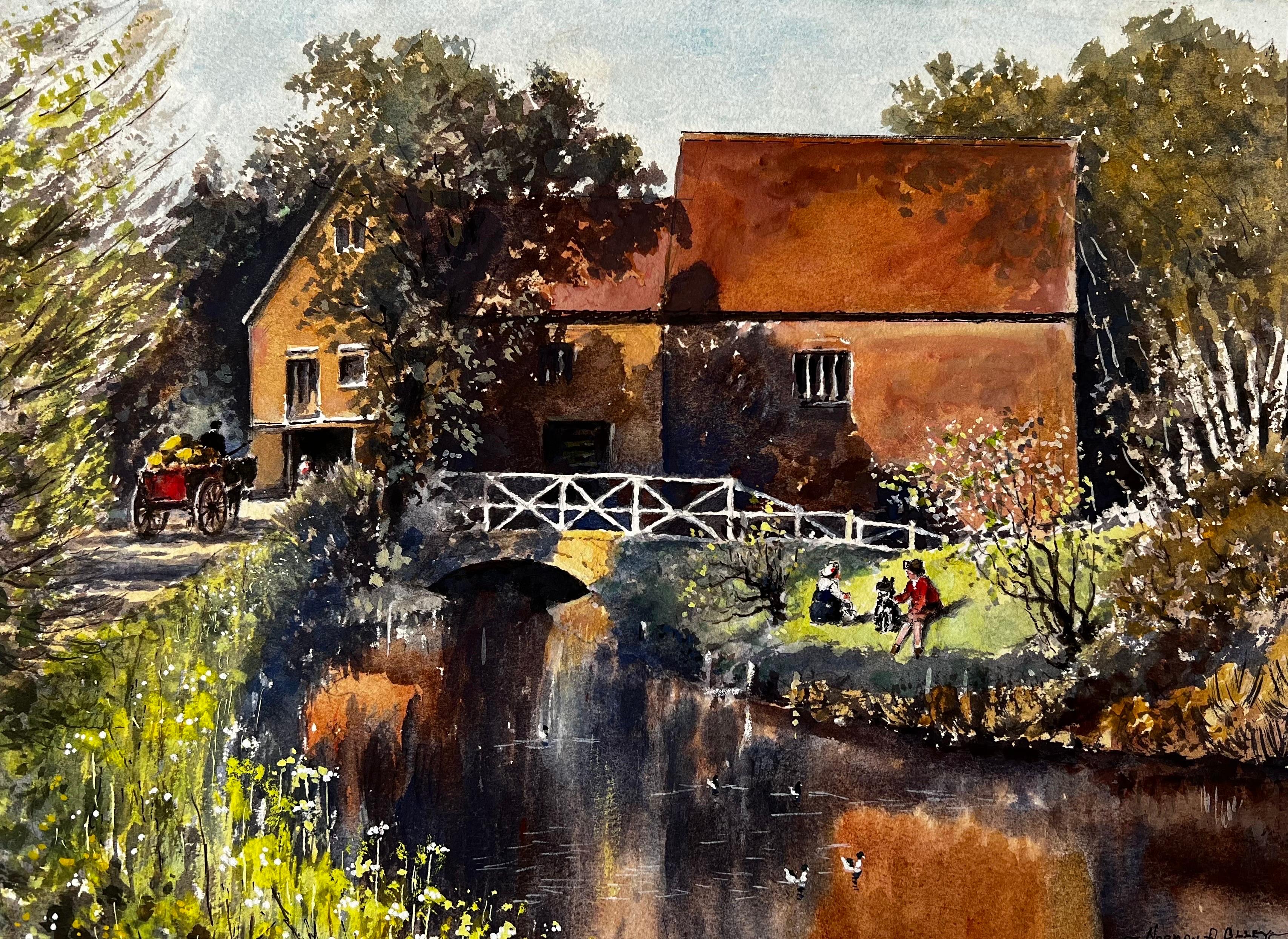 Norman A Olley Landscape Painting - Autumnal River Bridge Landscape Refelection By The Mill Pond