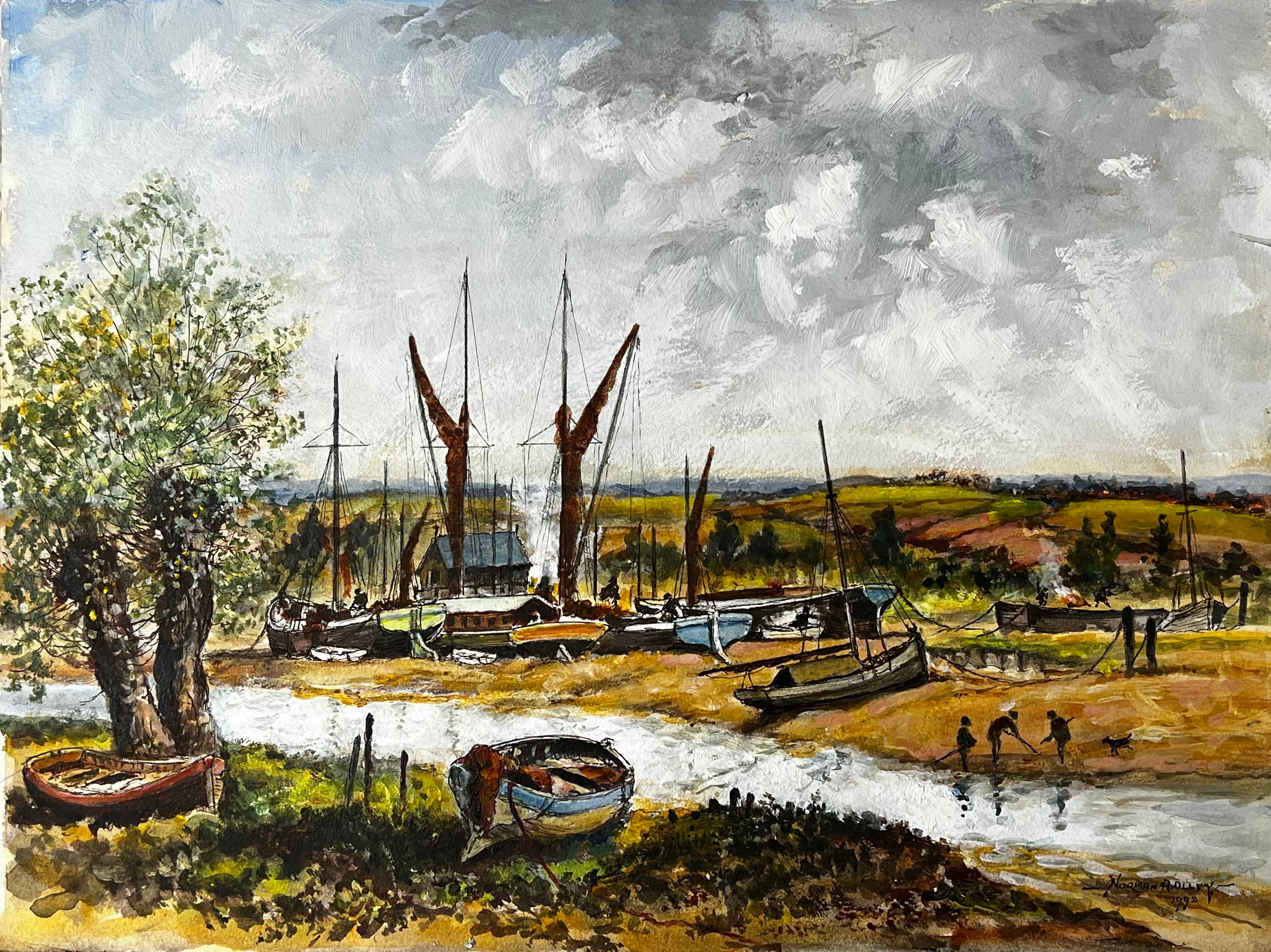 Norman A Olley Figurative Painting - Cloudy Landscape Of The Boat Repair Yard 