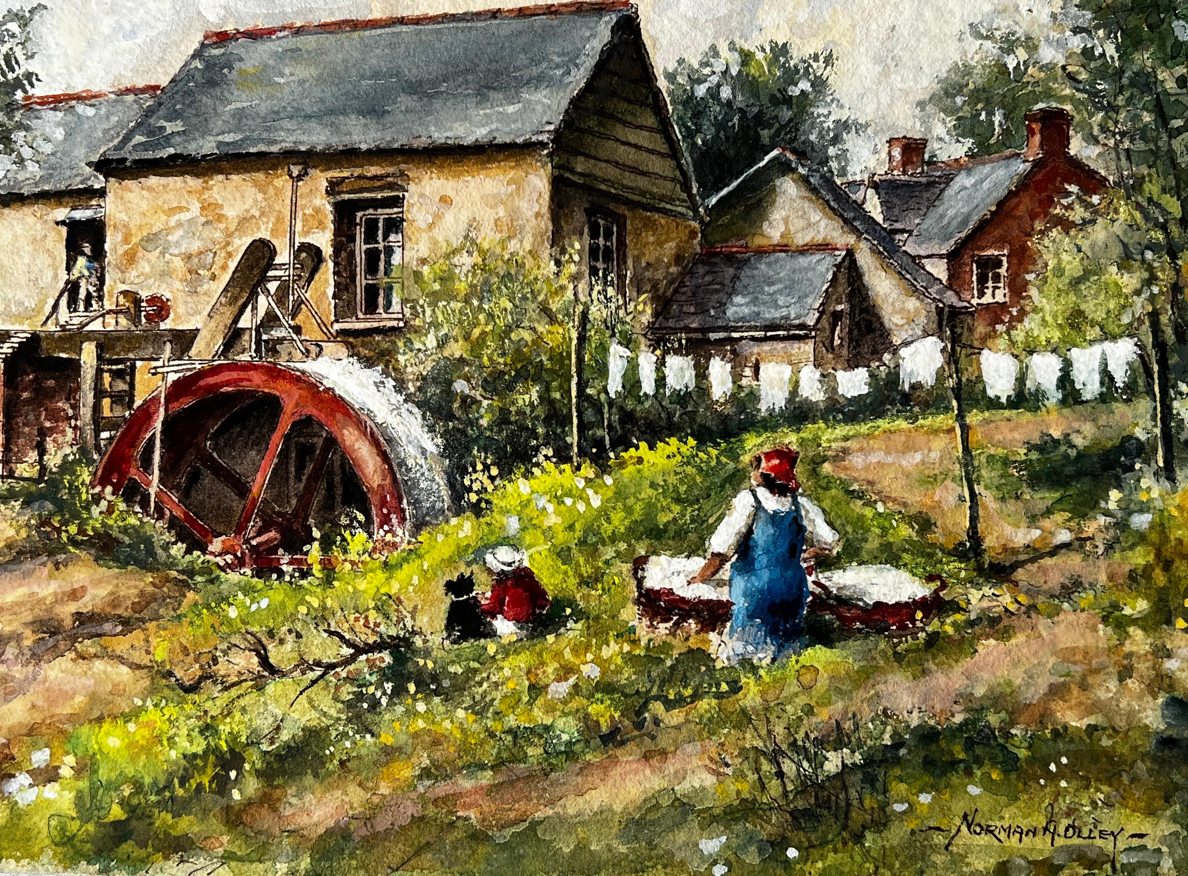 Cornish Spring Time Down By The Watermill , Tresmeer Cornwall - Painting by Norman A Olley