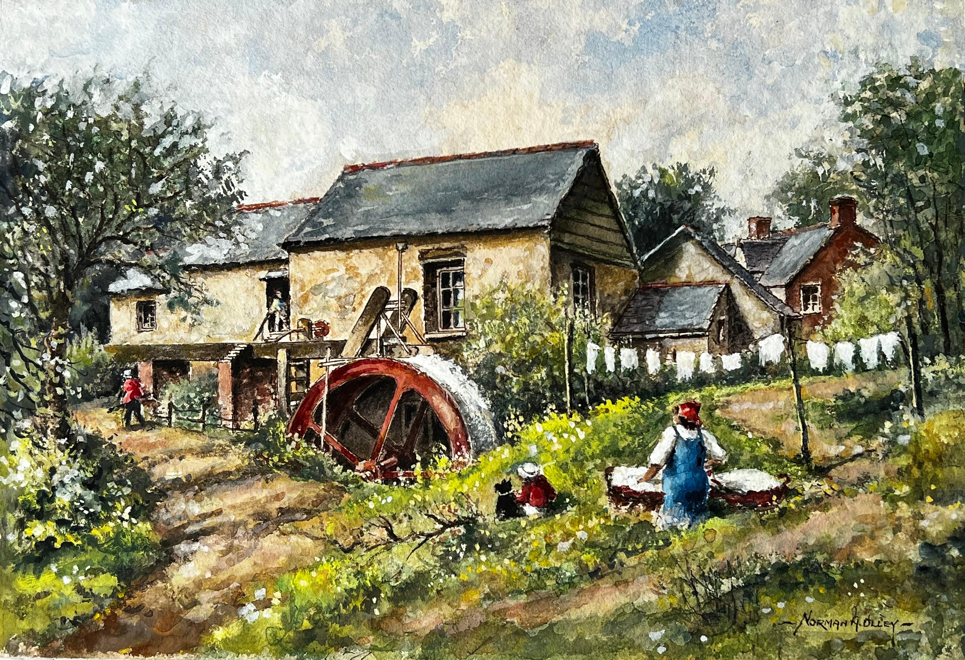 Norman A Olley Figurative Painting - Cornish Spring Time Down By The Watermill , Tresmeer Cornwall