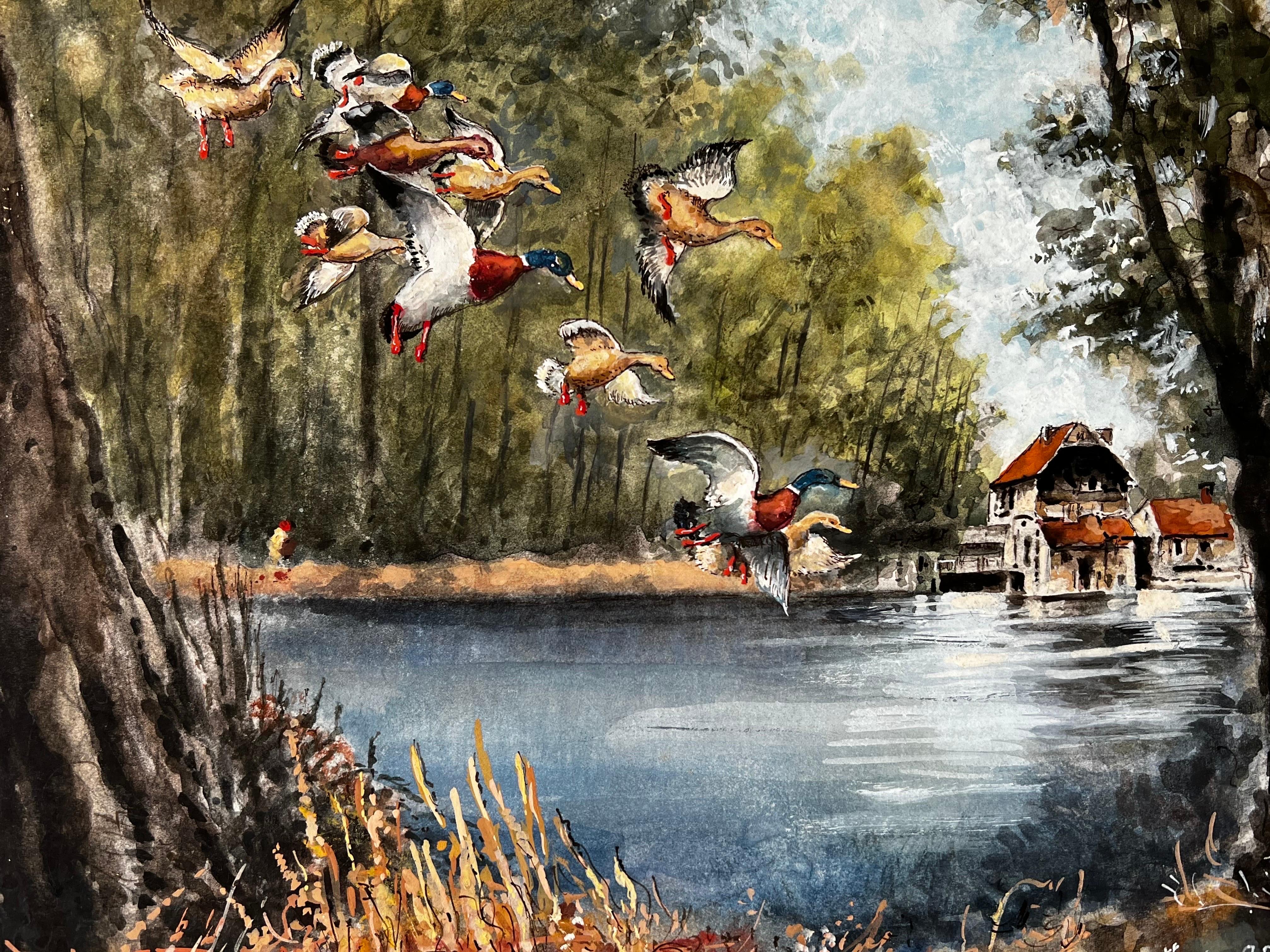 Flapping Mallard Ducks Dropping Onto The Mill Stream - Painting by Norman A Olley