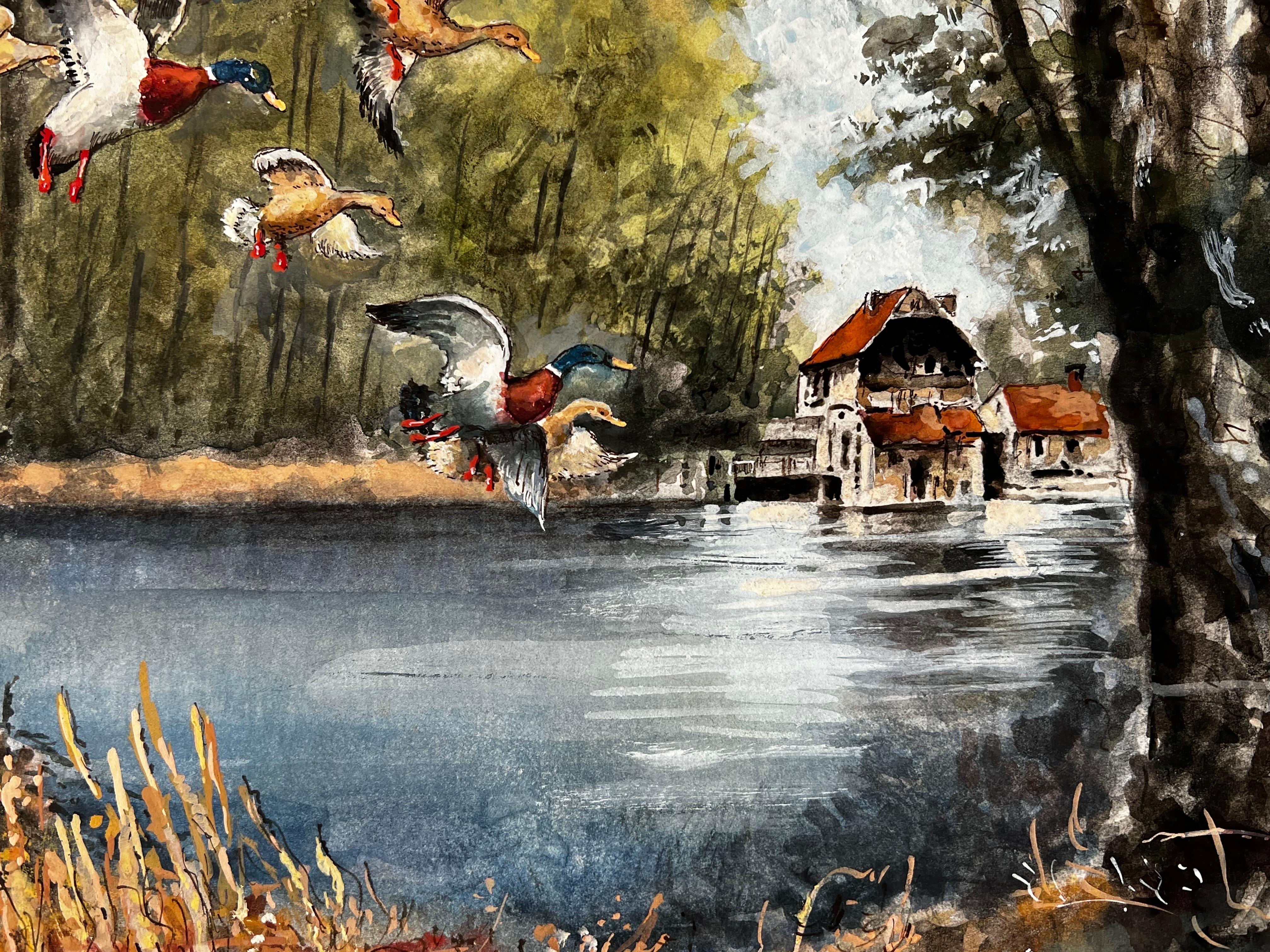 Flapping Mallard Ducks Dropping Onto The Mill Stream - Victorian Painting by Norman A Olley