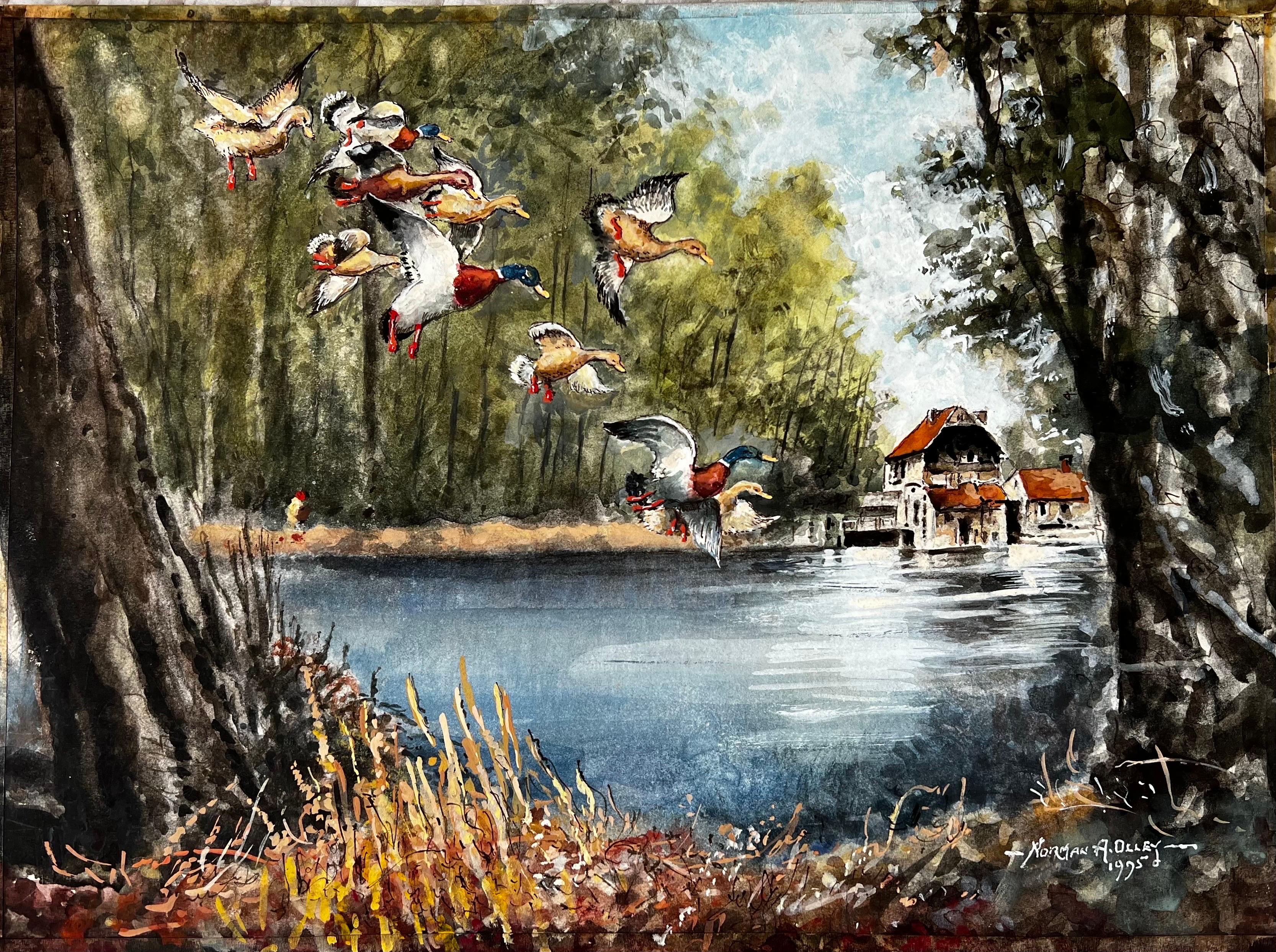 Norman A Olley Landscape Painting - Flapping Mallard Ducks Dropping Onto The Mill Stream