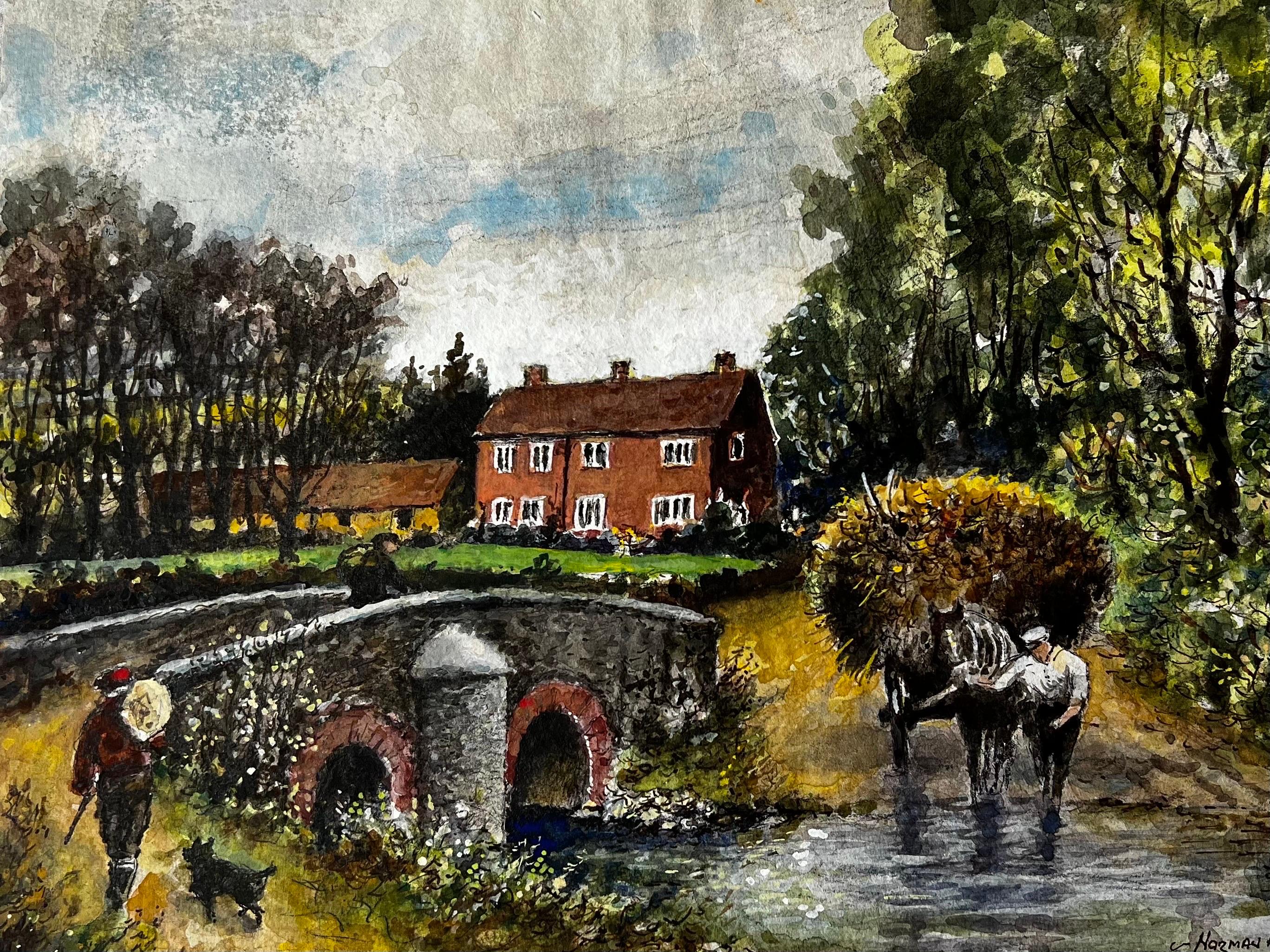 Haycart Crossing The Ford Of The Old Packhorse Bridge - Painting by Norman A Olley
