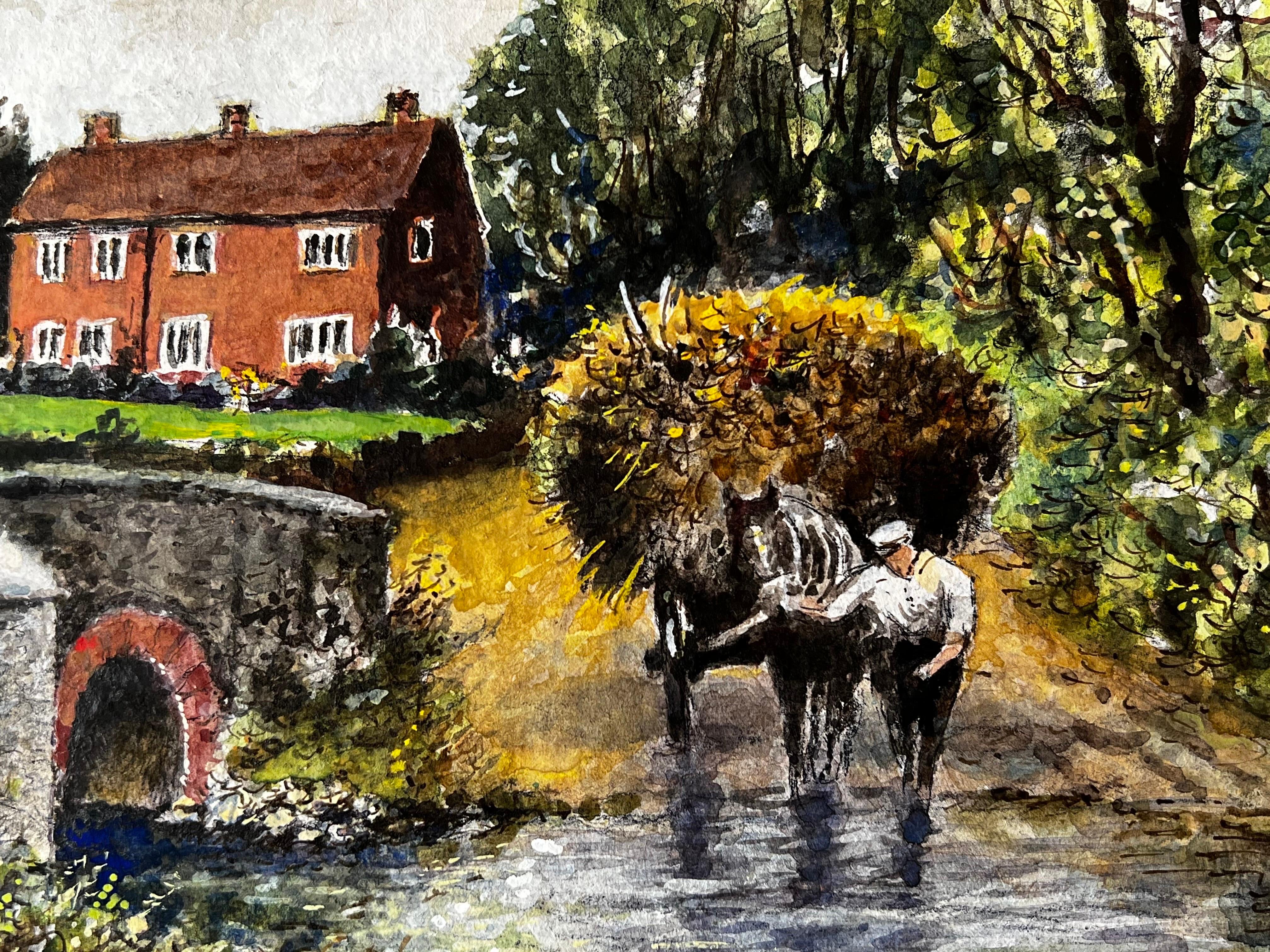 Haycart Crossing The Ford Of The Old Packhorse Bridge - Victorian Painting by Norman A Olley