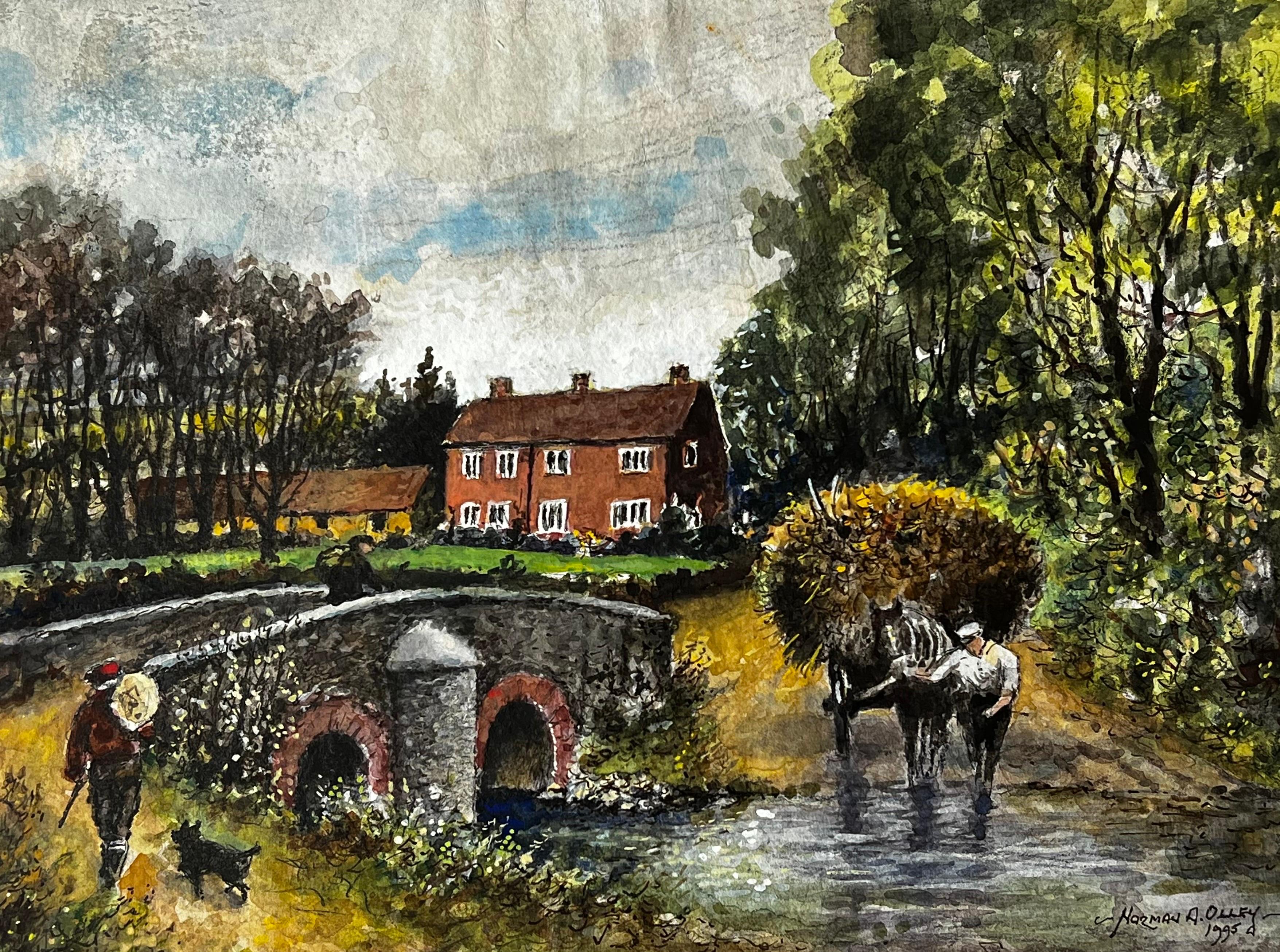 Norman A Olley Figurative Painting - Haycart Crossing The Ford Of The Old Packhorse Bridge